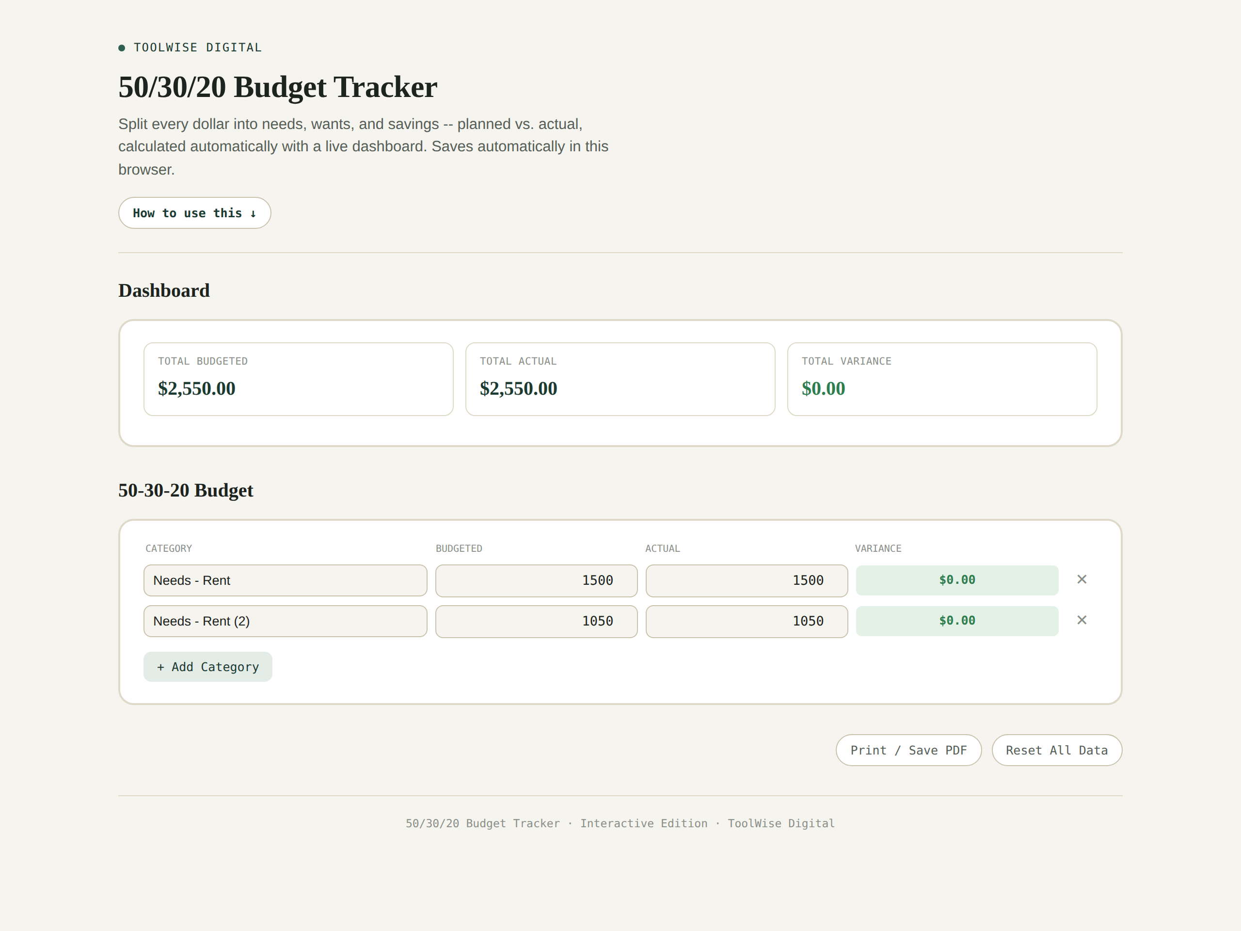 50/30/20 Budget Tracker — Google Sheets & Excel spreadsheet by ToolWise Digital