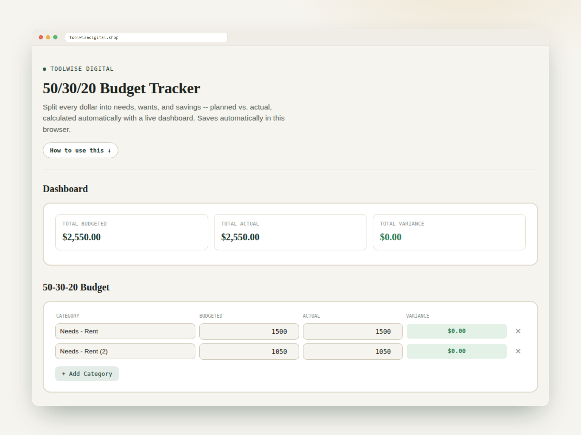 50/30/20 Budget Tracker — Google Sheets & Excel spreadsheet by ToolWise Digital — view 2