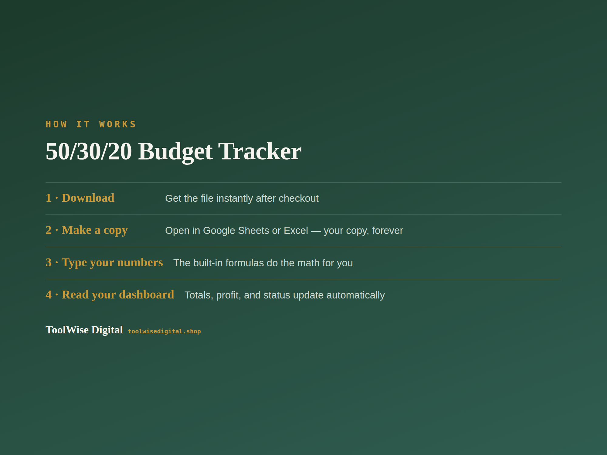 50/30/20 Budget Tracker — Google Sheets & Excel spreadsheet by ToolWise Digital — view 5