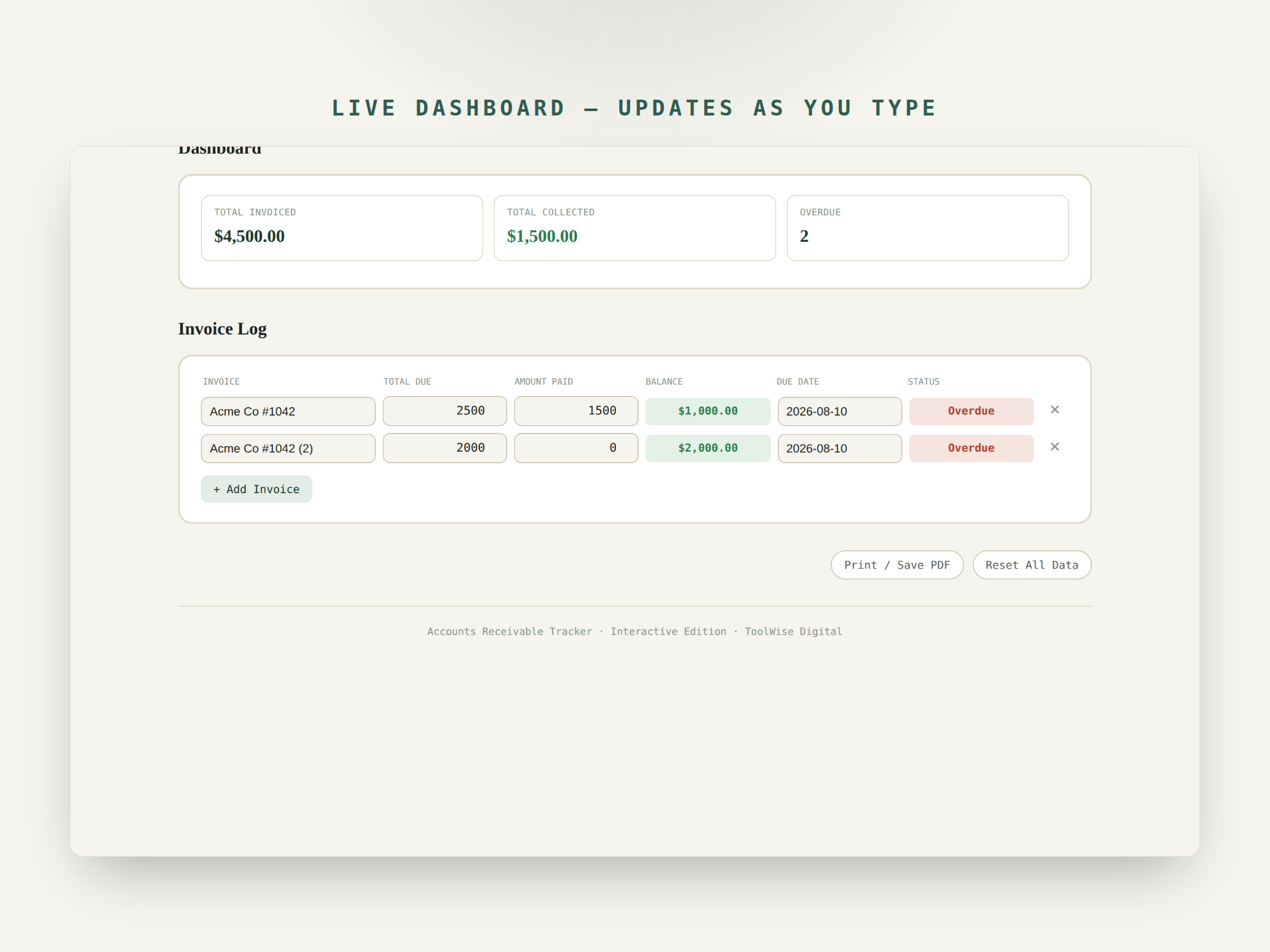 Accounts Receivable Tracker — Google Sheets & Excel spreadsheet by ToolWise Digital — view 7