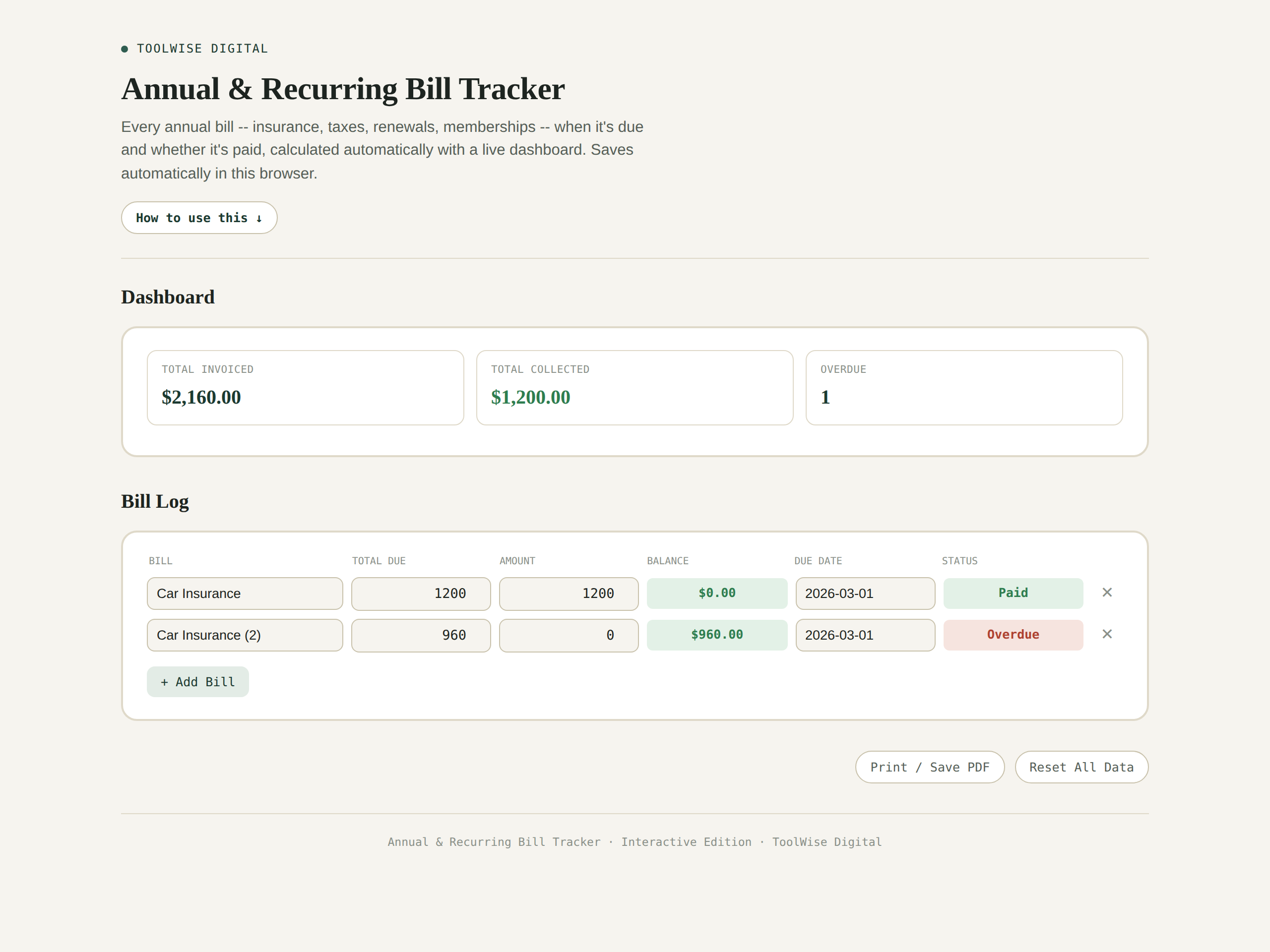 Annual Bill Tracker