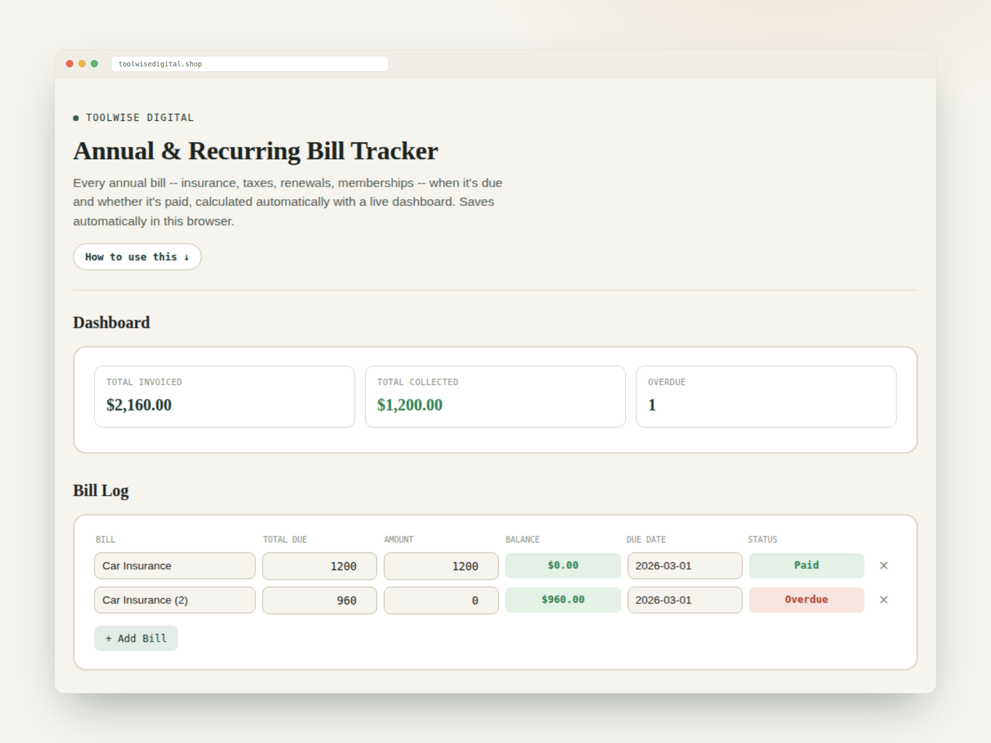 Annual Bill Tracker — Google Sheets & Excel spreadsheet by ToolWise Digital — view 2