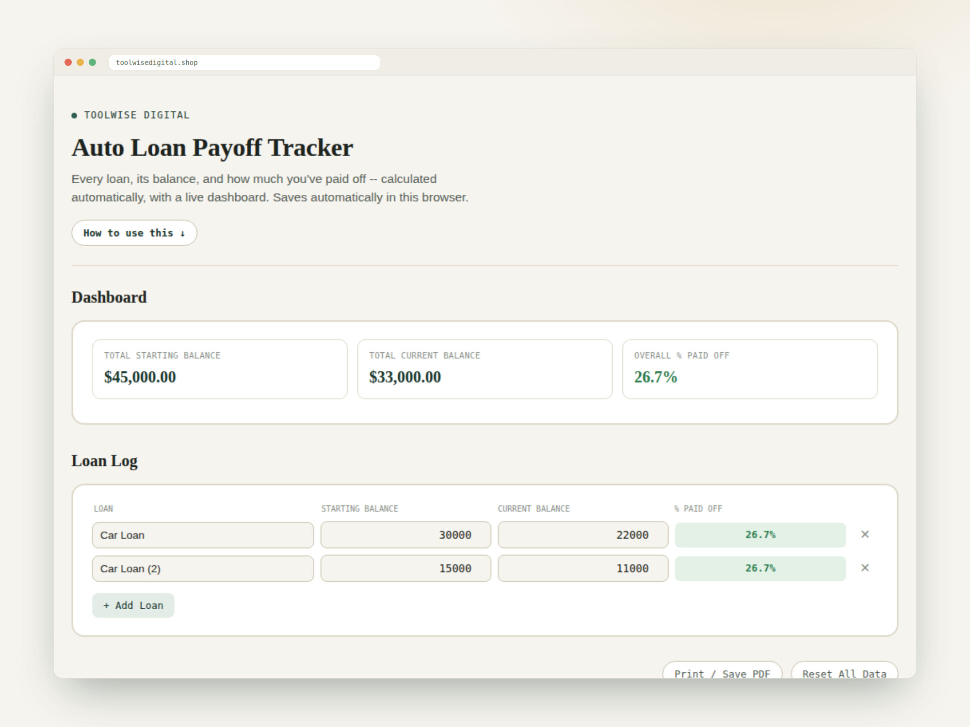 Auto Loan Payoff Tracker — Google Sheets & Excel spreadsheet by ToolWise Digital — view 2