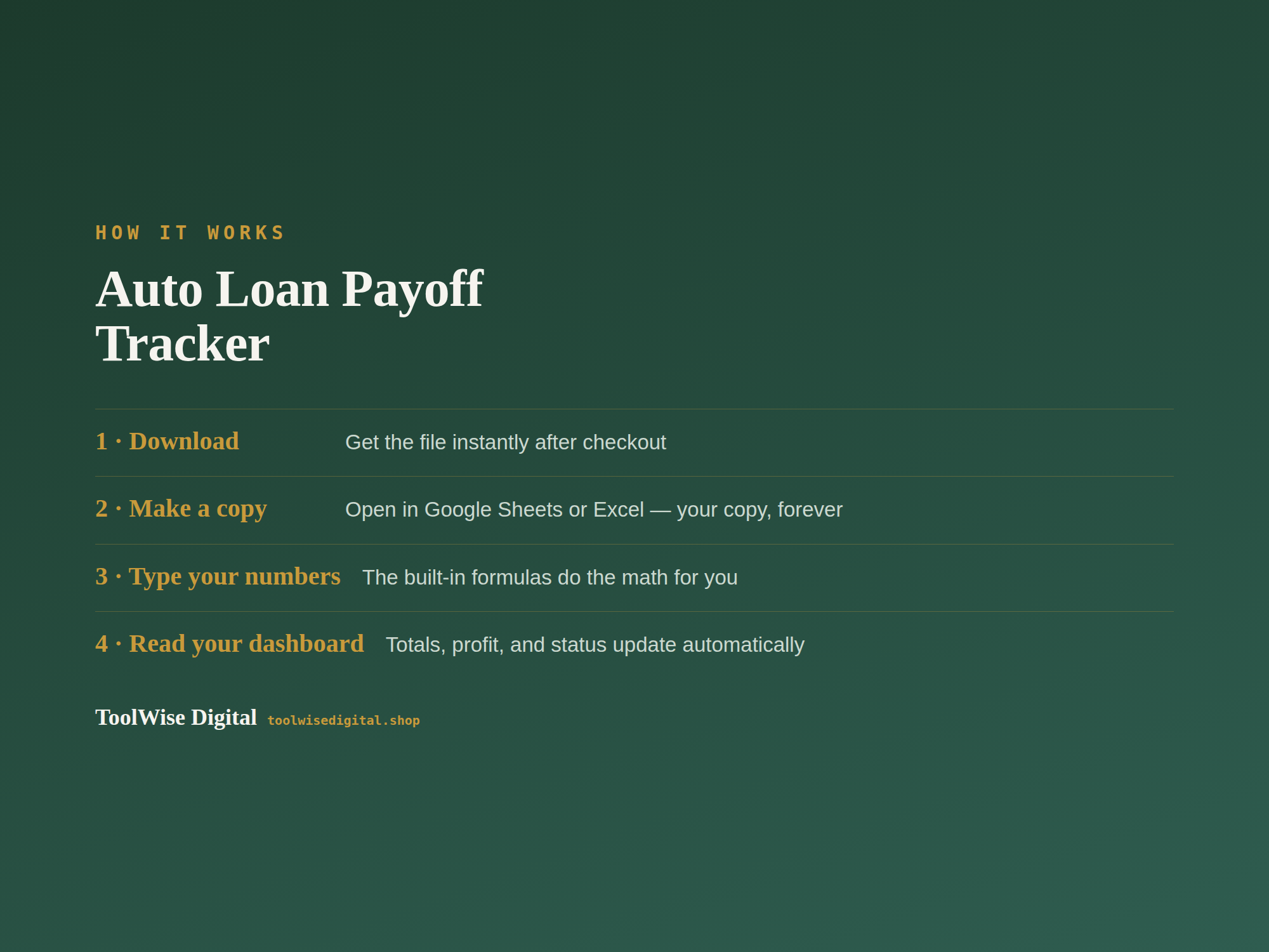 Auto Loan Payoff Tracker — Google Sheets & Excel spreadsheet by ToolWise Digital — view 5