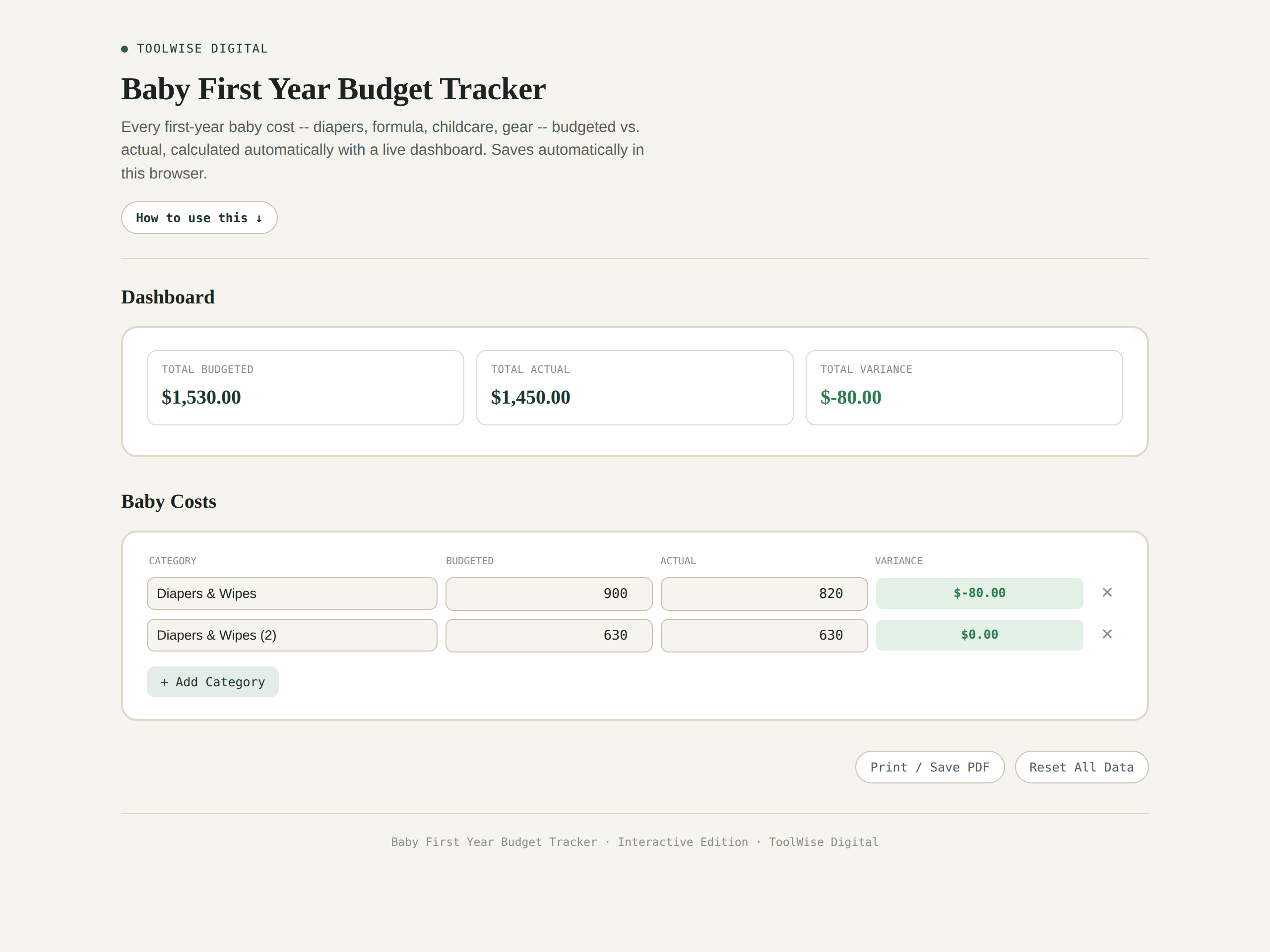 Baby First Year Budget Tracker
