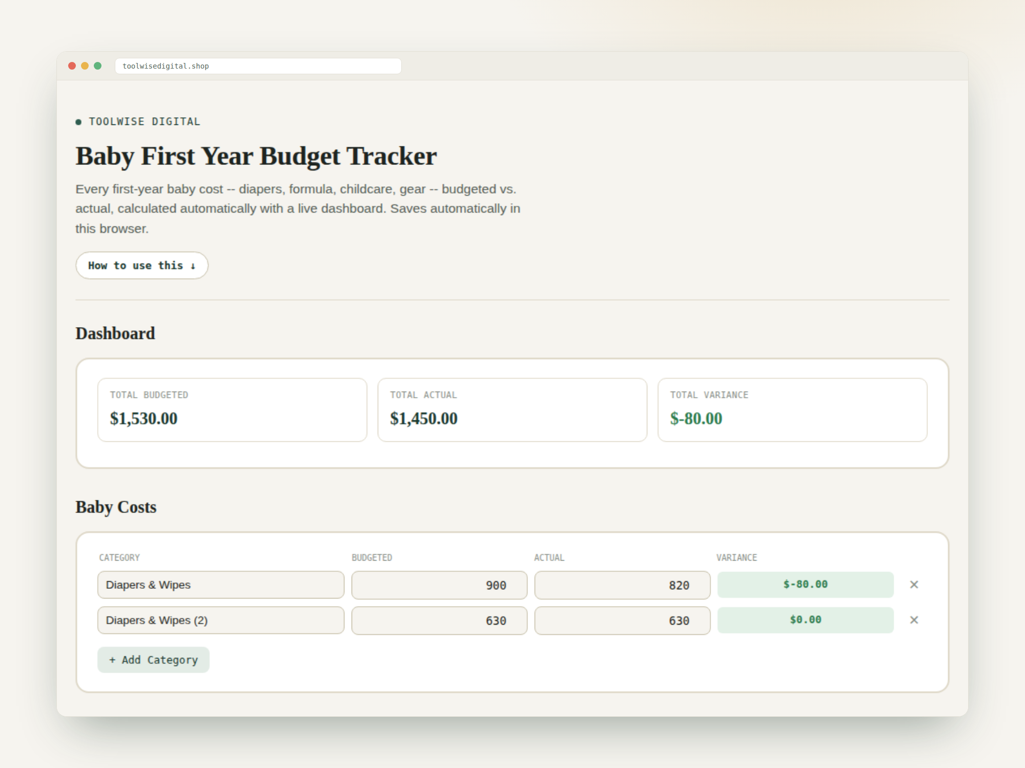 Baby First Year Budget Tracker — Google Sheets & Excel spreadsheet by ToolWise Digital — view 2