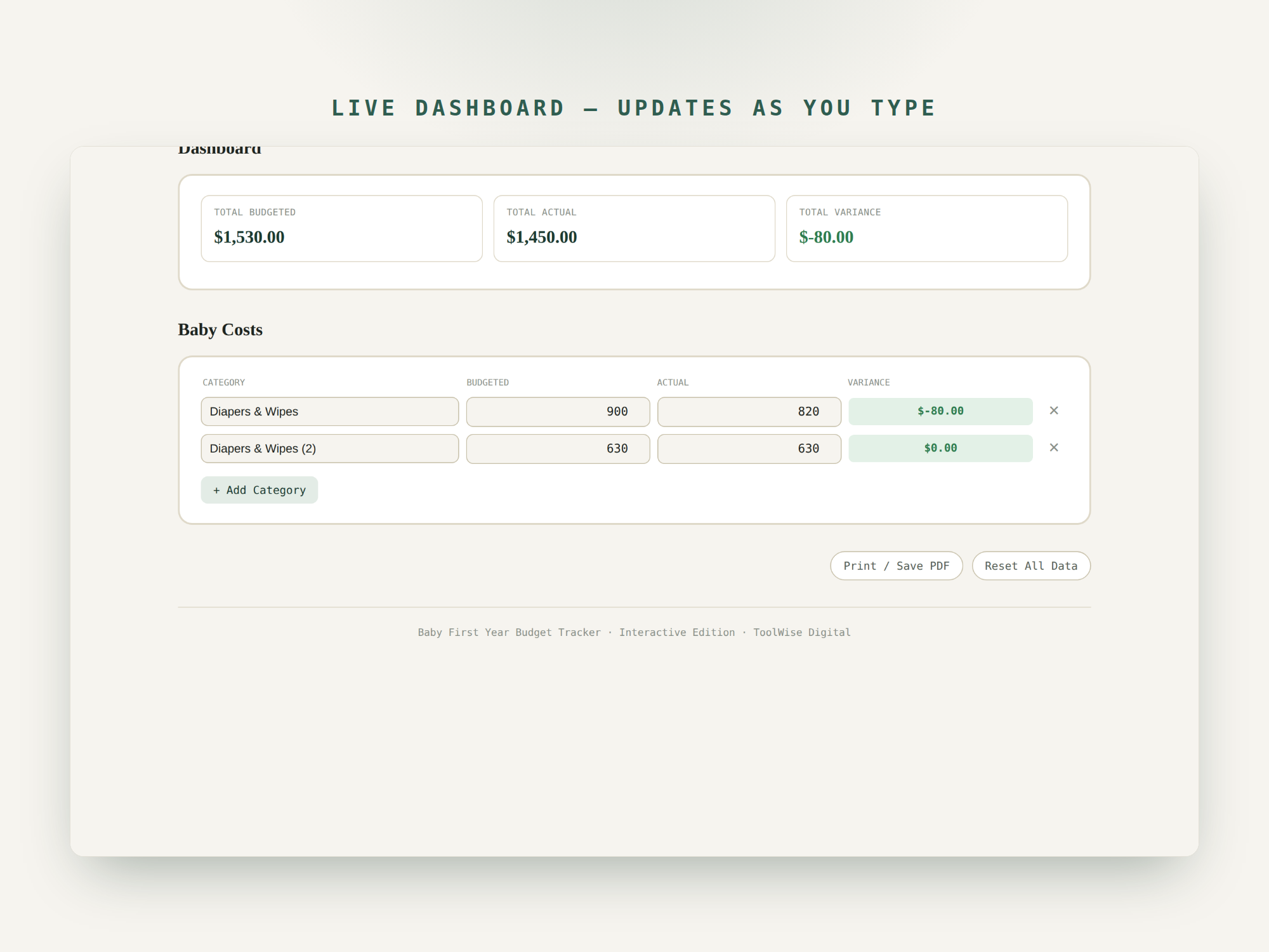 Baby First Year Budget Tracker — Google Sheets & Excel spreadsheet by ToolWise Digital — view 7