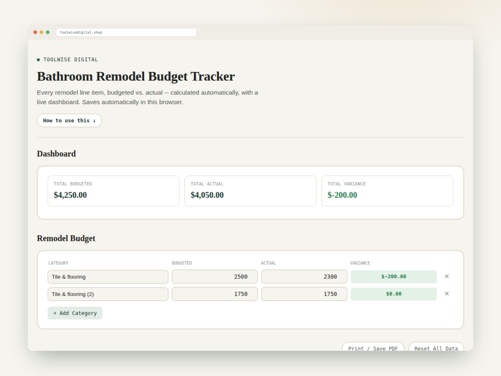 Bathroom Remodel Budget Tracker — Google Sheets & Excel spreadsheet by ToolWise Digital — view 2