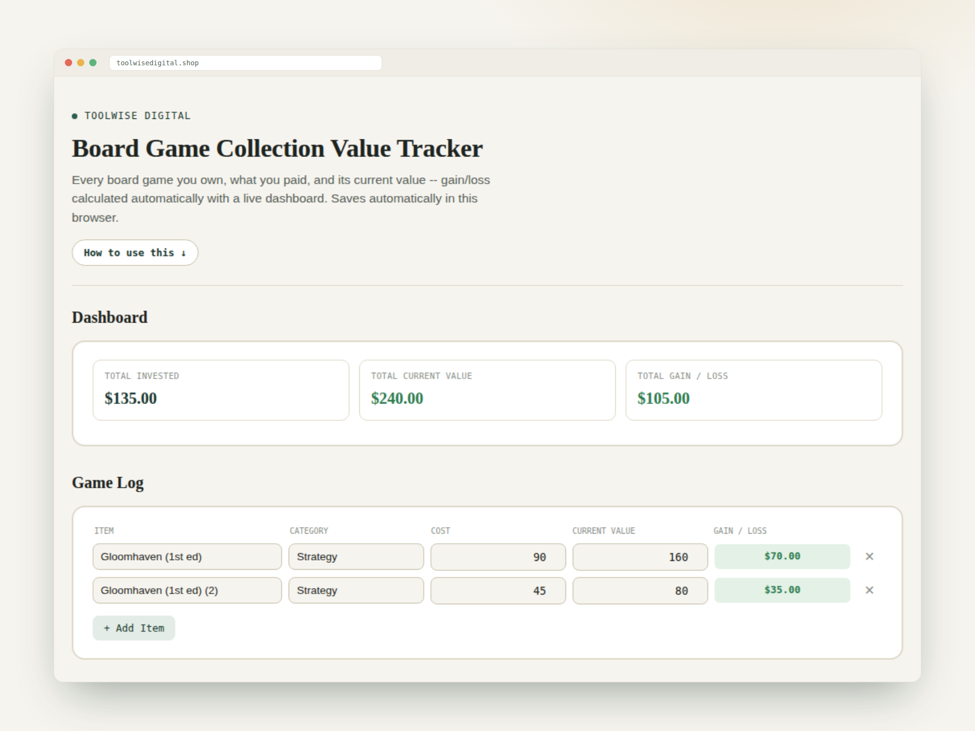 Board Game Collection Value Tracker — Google Sheets & Excel spreadsheet by ToolWise Digital — view 2