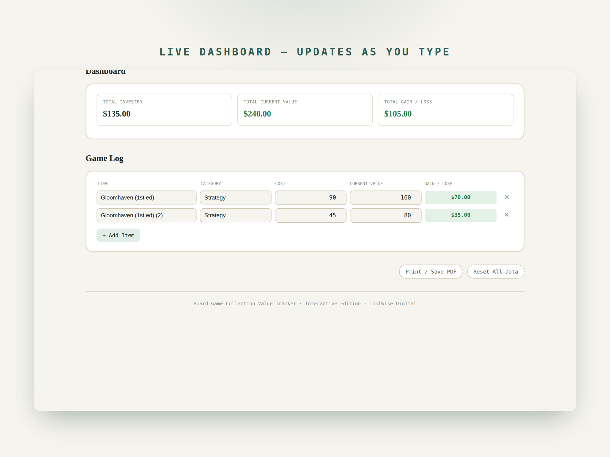 Board Game Collection Value Tracker — Google Sheets & Excel spreadsheet by ToolWise Digital — view 7