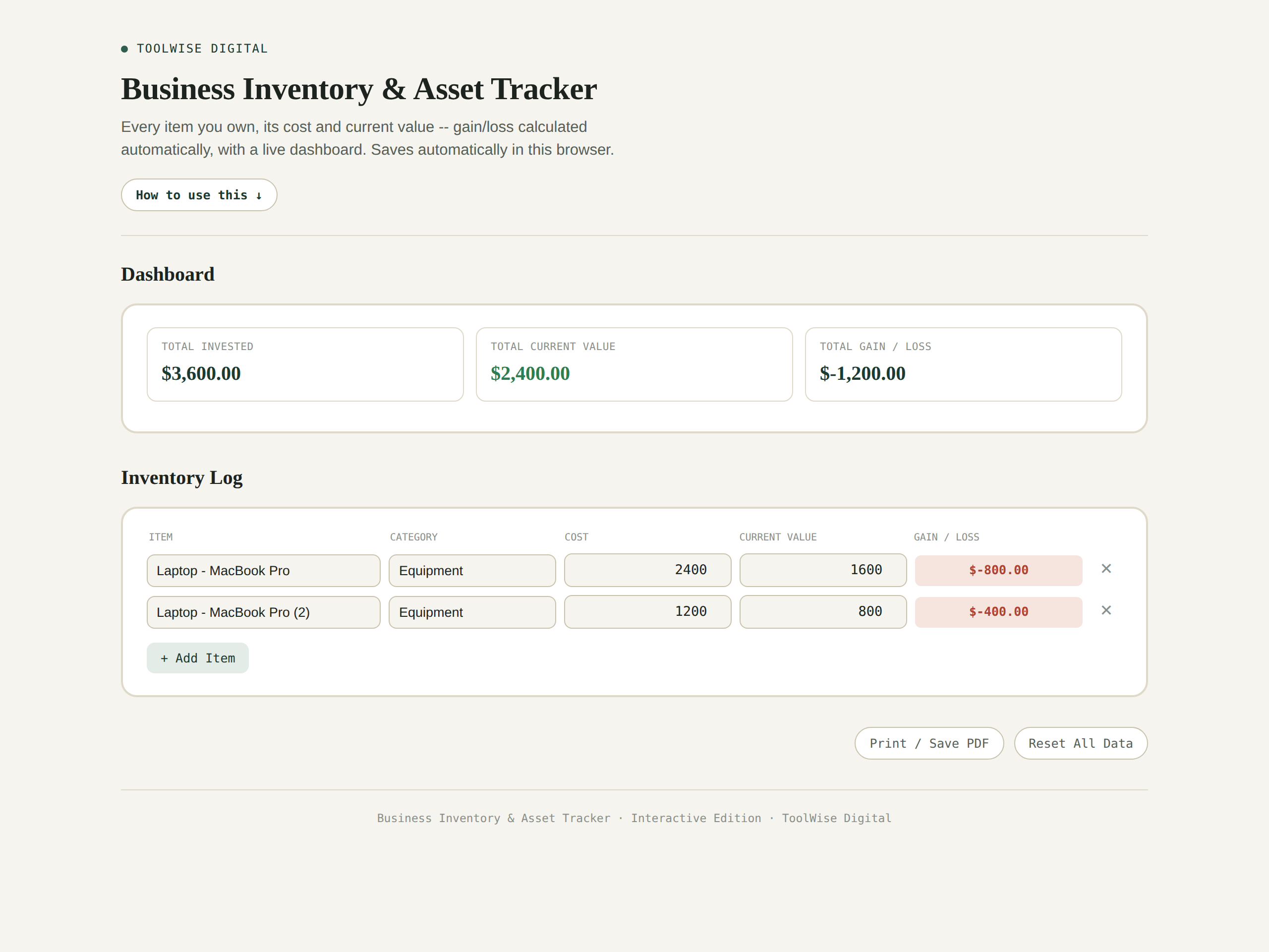 Business Inventory & Asset Tracker — Google Sheets & Excel spreadsheet by ToolWise Digital