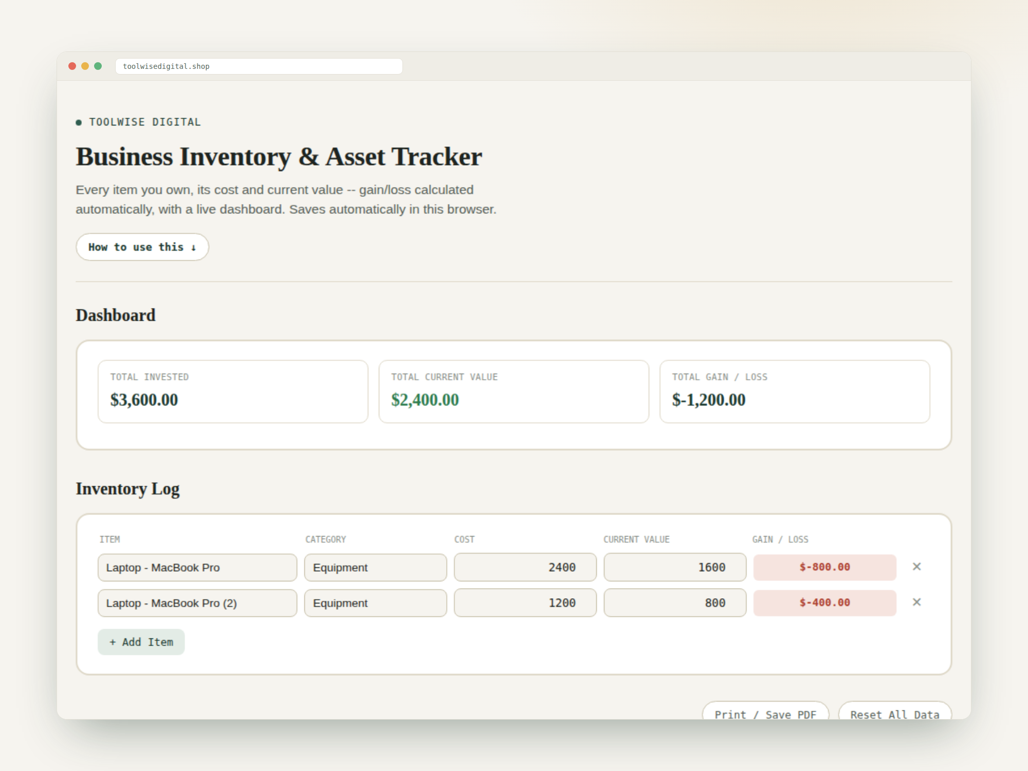 Business Inventory & Asset Tracker — Google Sheets & Excel spreadsheet by ToolWise Digital — view 2