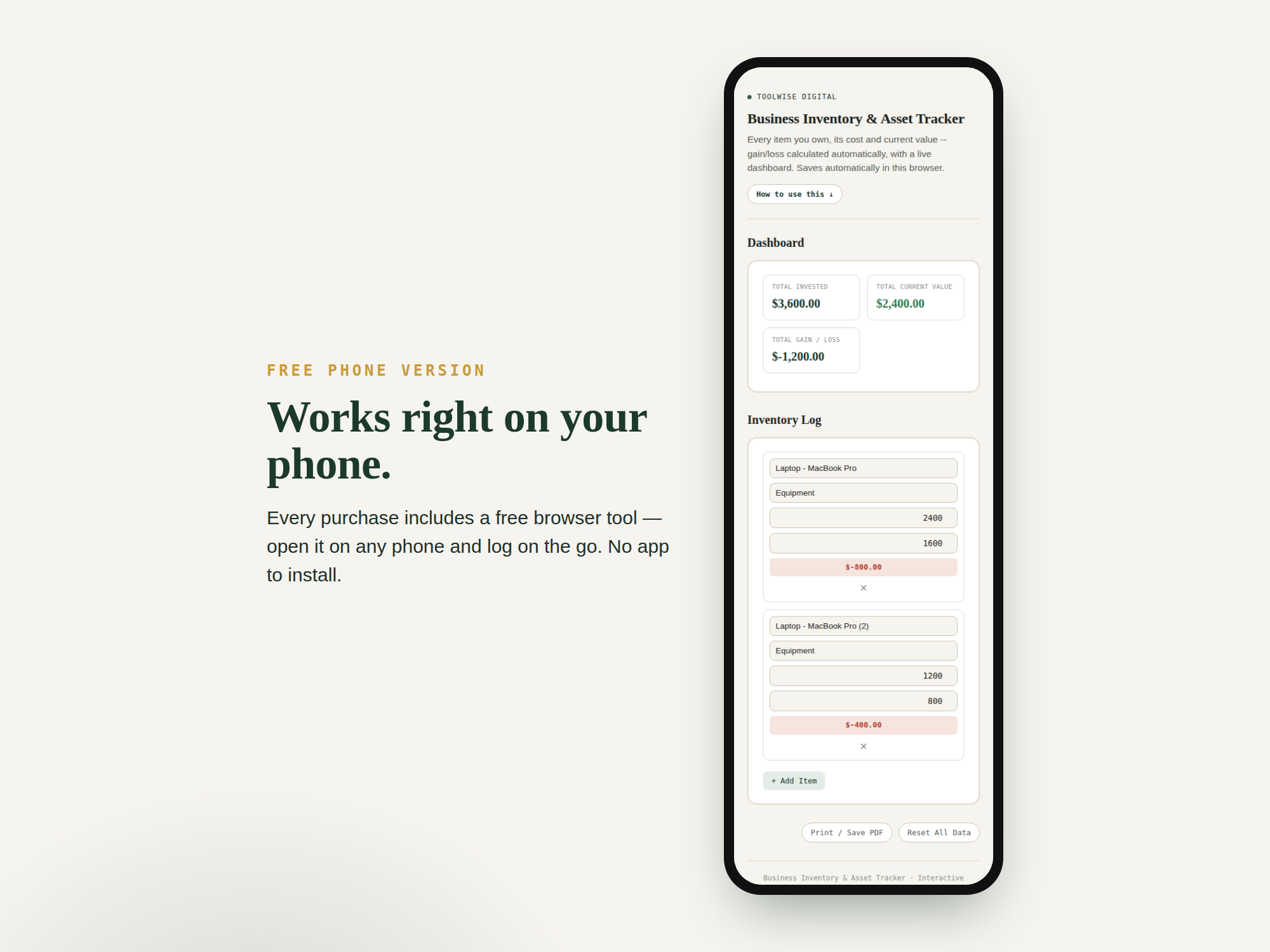 Business Inventory & Asset Tracker — Google Sheets & Excel spreadsheet by ToolWise Digital — view 3