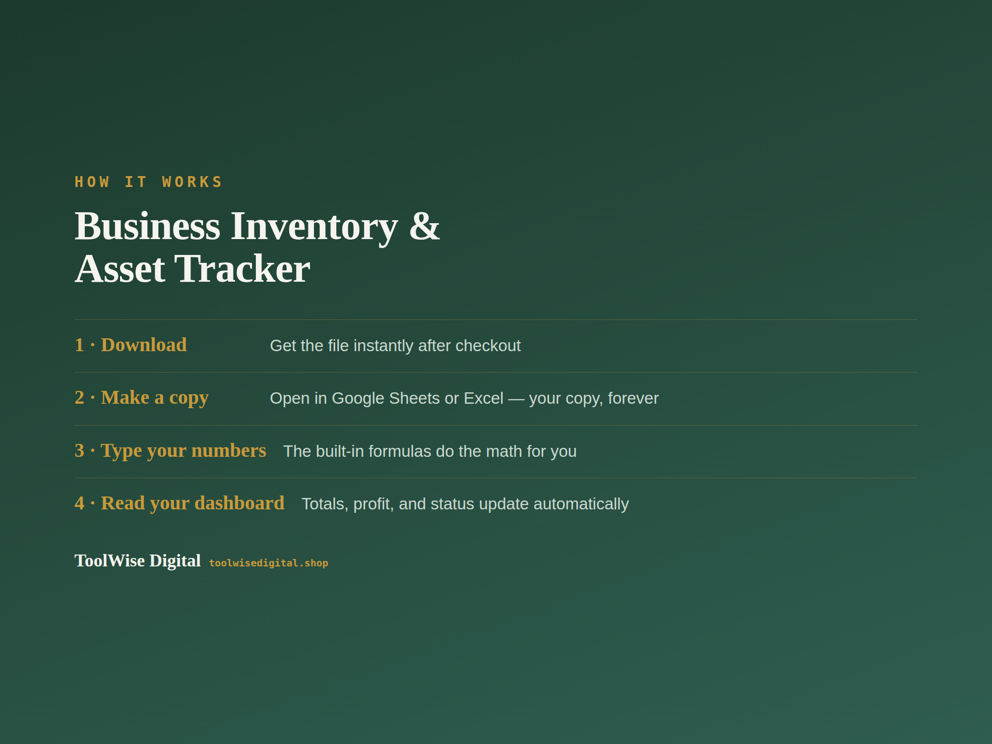 Business Inventory & Asset Tracker — Google Sheets & Excel spreadsheet by ToolWise Digital — view 5