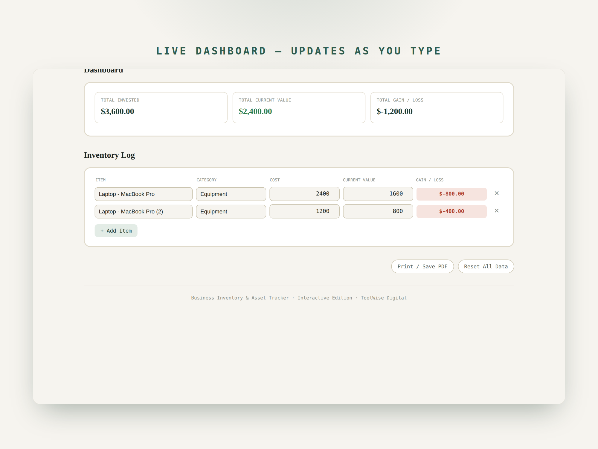 Business Inventory & Asset Tracker — Google Sheets & Excel spreadsheet by ToolWise Digital — view 7