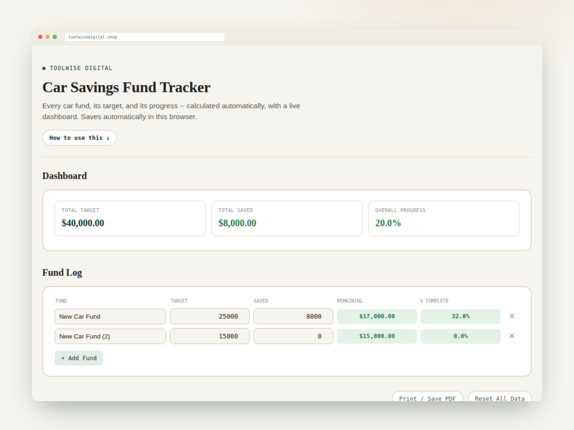 Car Savings Fund Tracker — Google Sheets & Excel spreadsheet by ToolWise Digital — view 2
