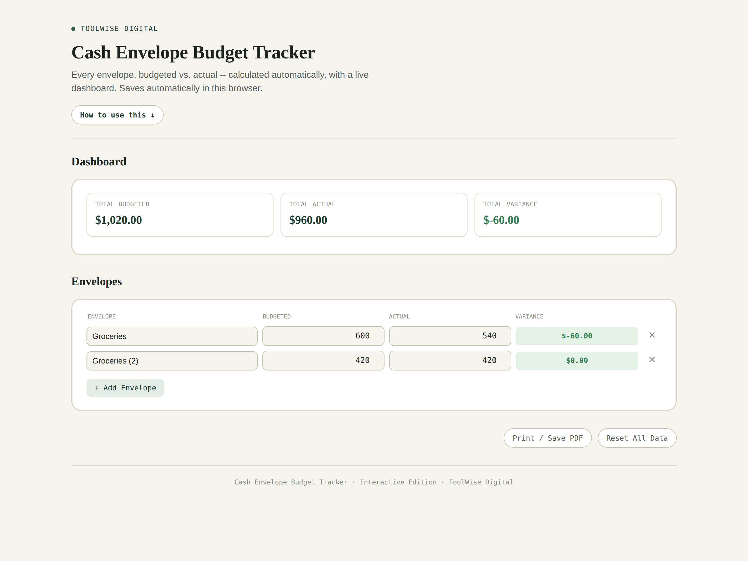 Cash Envelope Budget Tracker — Google Sheets & Excel spreadsheet by ToolWise Digital