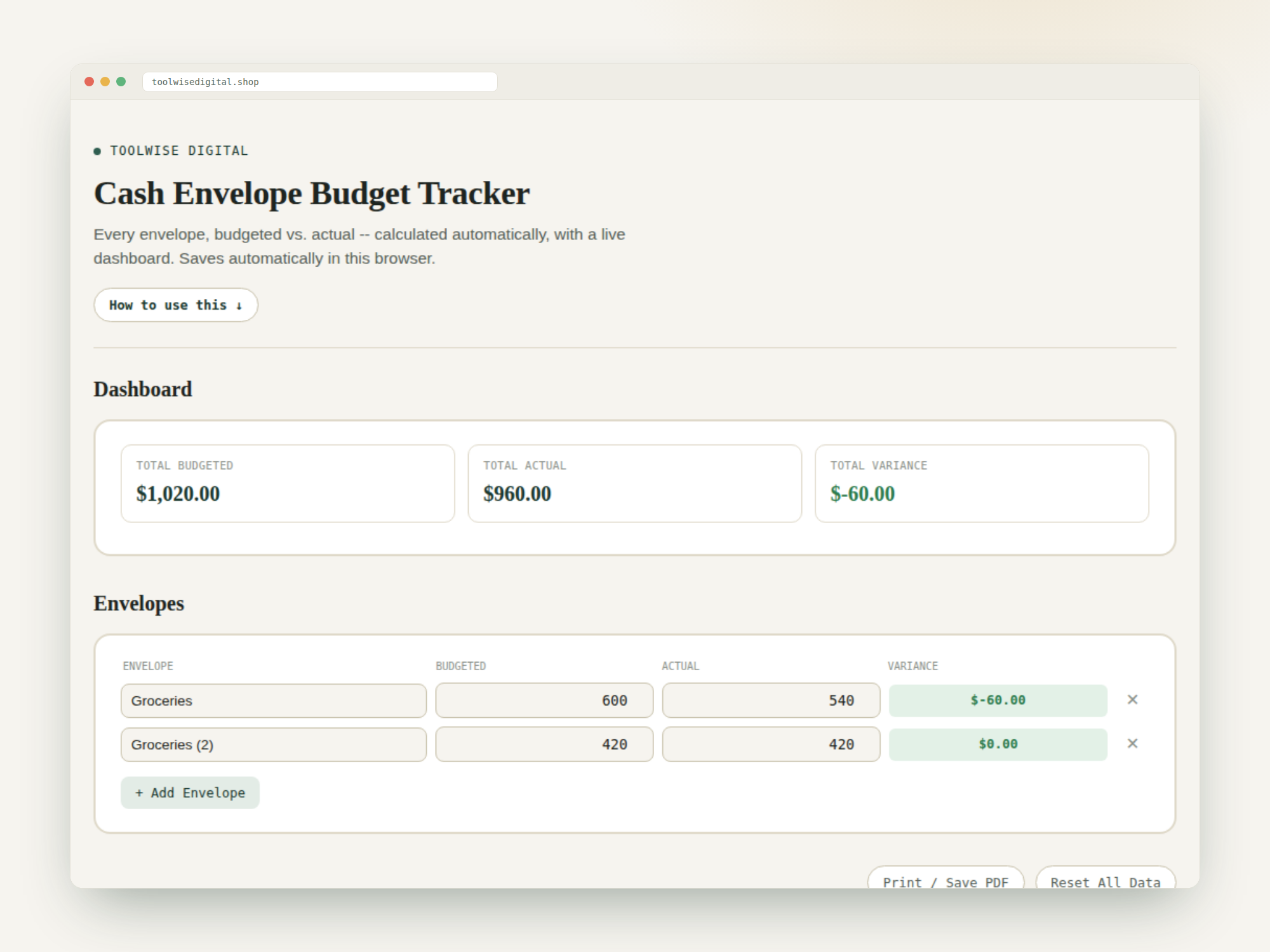 Cash Envelope Budget Tracker — Google Sheets & Excel spreadsheet by ToolWise Digital — view 2