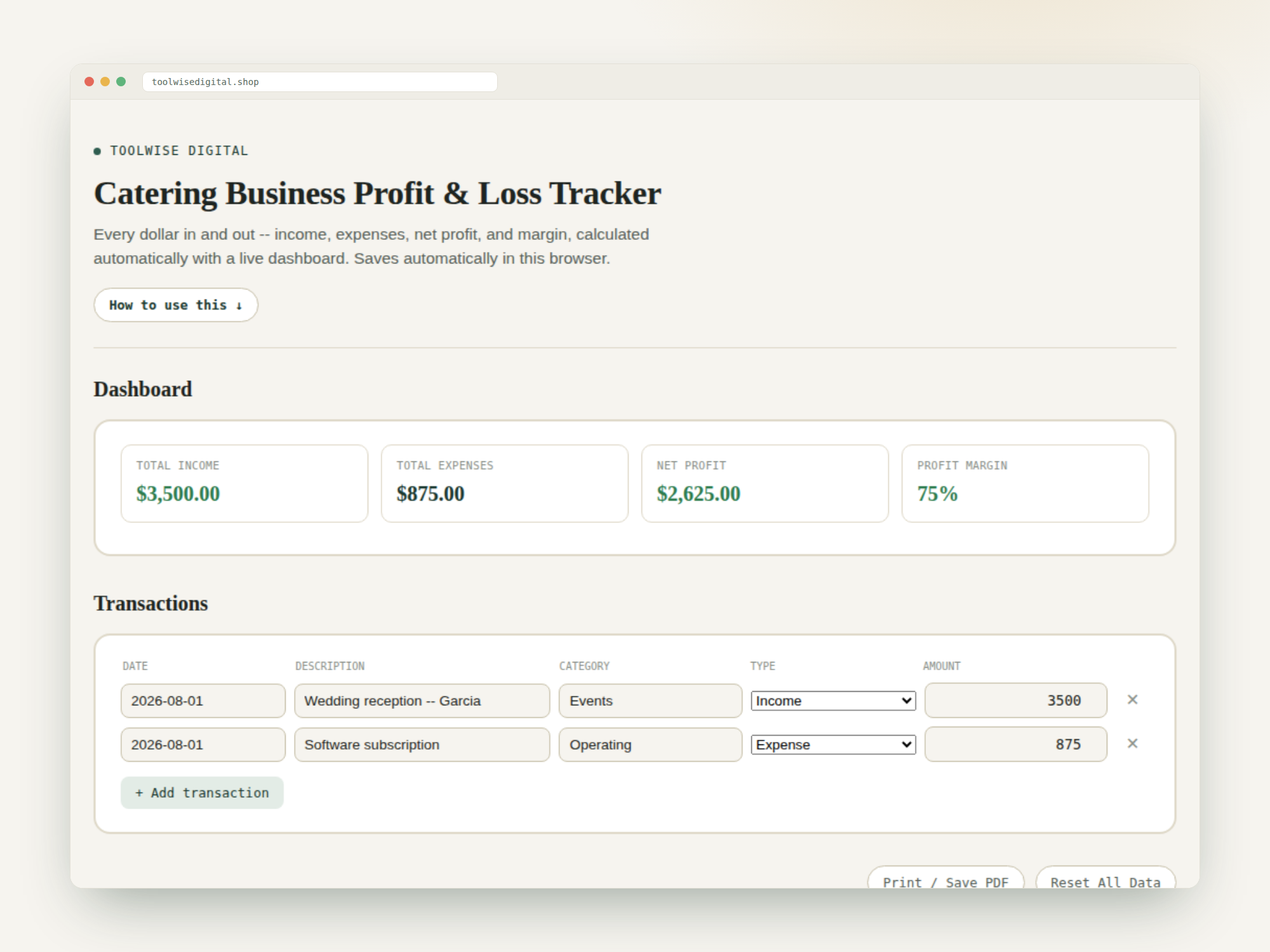 Catering Business Profit & Loss Tracker — Google Sheets & Excel spreadsheet by ToolWise Digital — view 2