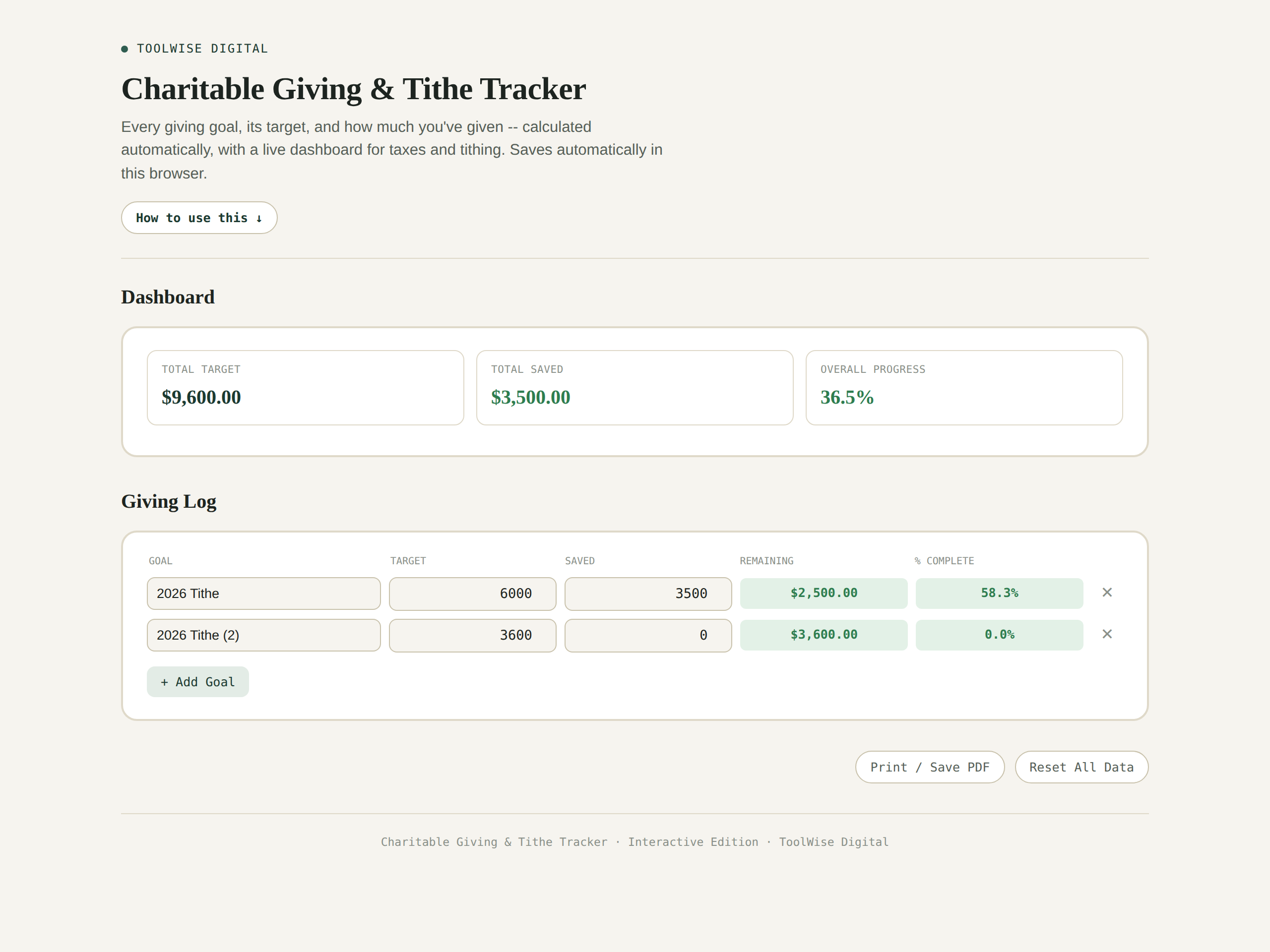 Charitable Giving & Tithe Tracker