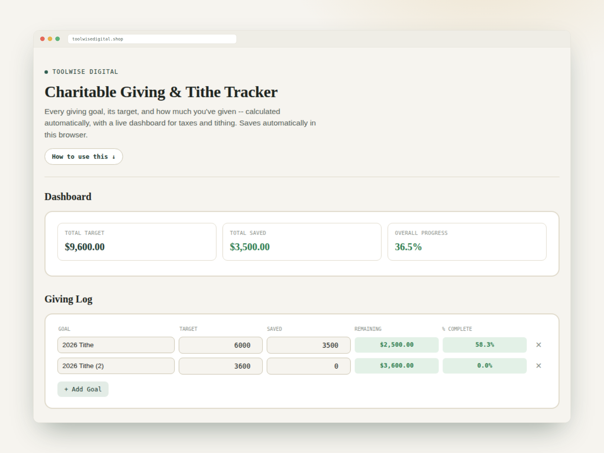 Charitable Giving & Tithe Tracker — Google Sheets & Excel spreadsheet by ToolWise Digital — view 2