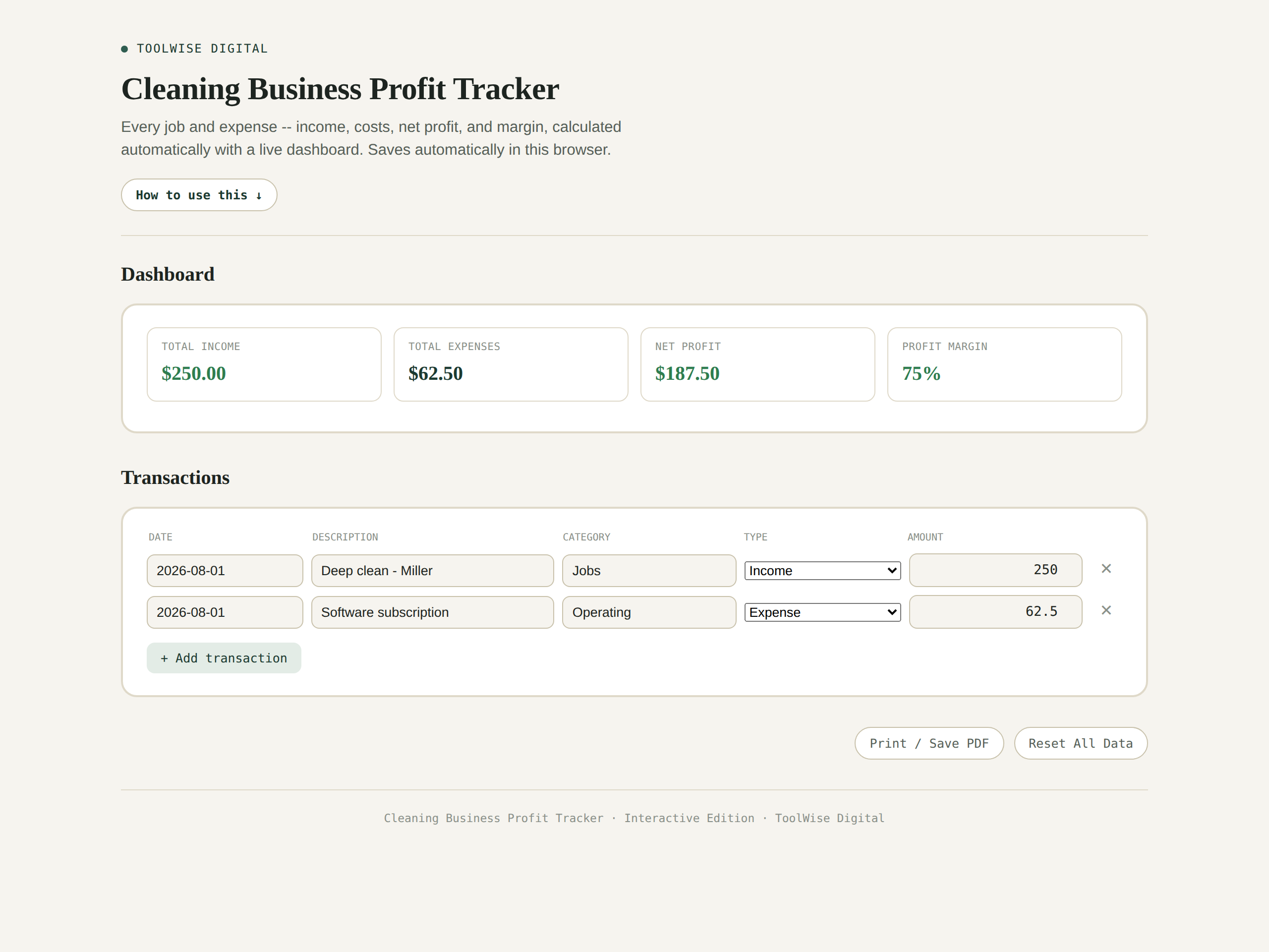 Cleaning Business Profit & Loss Tracker — Google Sheets & Excel spreadsheet by ToolWise Digital