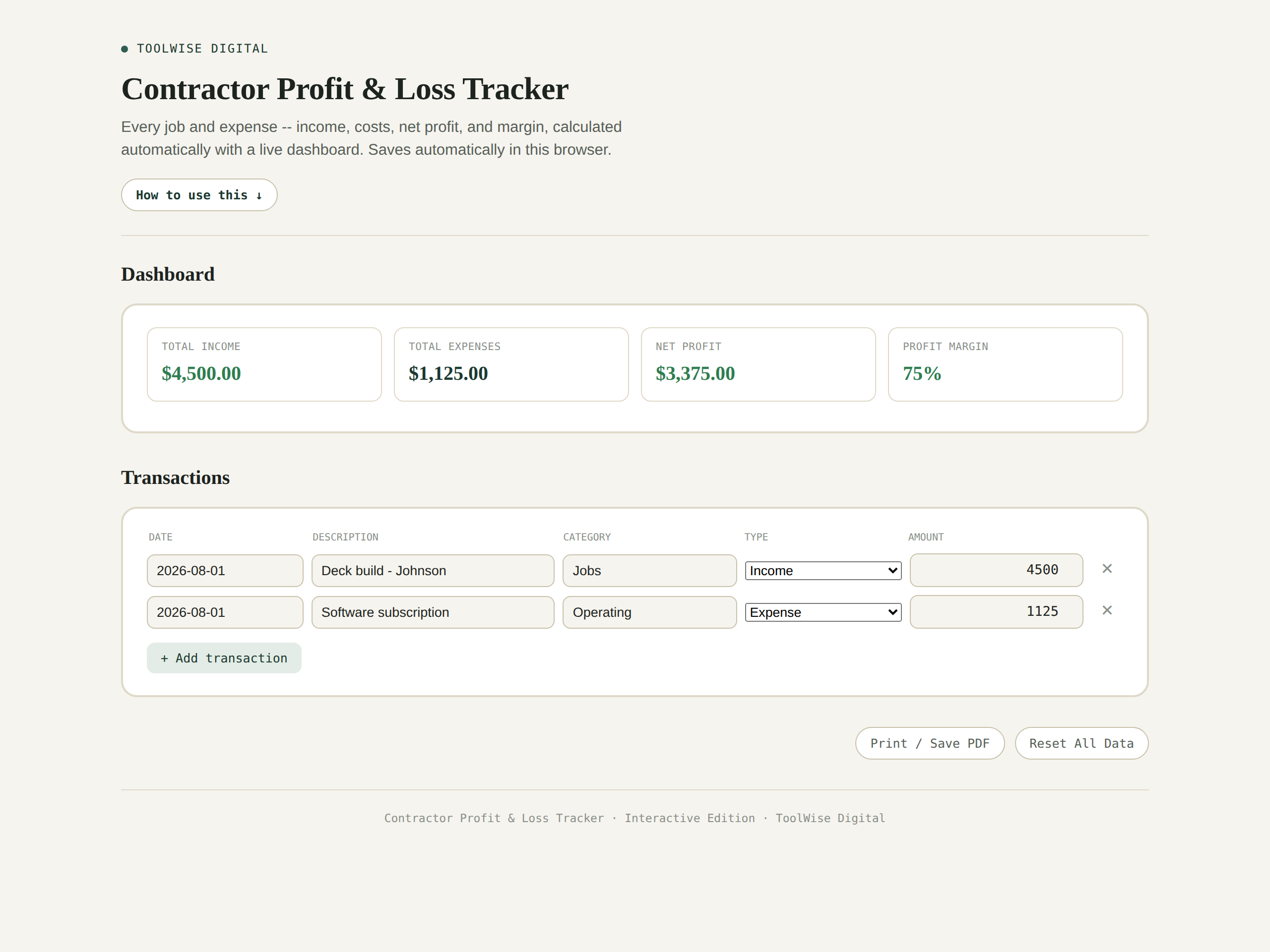 Contractor Profit & Loss Tracker
