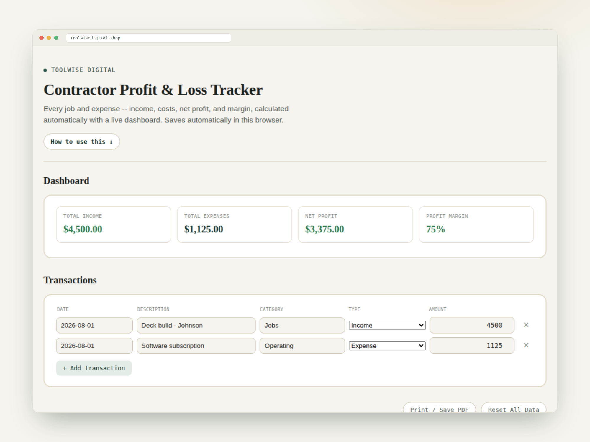 Contractor Profit & Loss Tracker — Google Sheets & Excel spreadsheet by ToolWise Digital — view 2