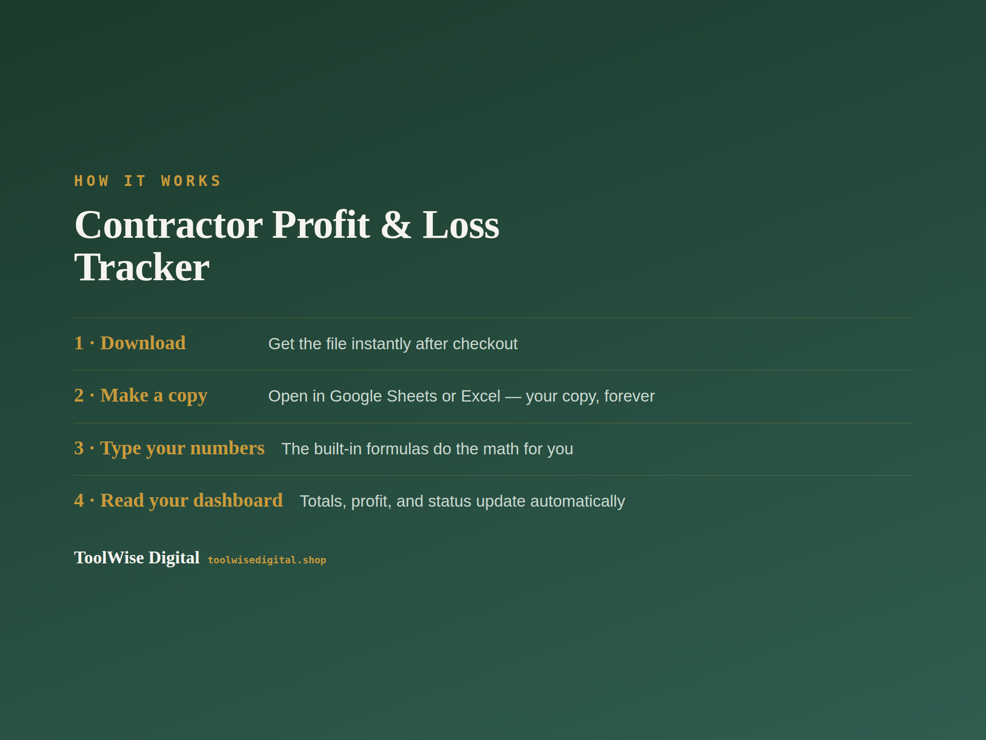 Contractor Profit & Loss Tracker — Google Sheets & Excel spreadsheet by ToolWise Digital — view 5