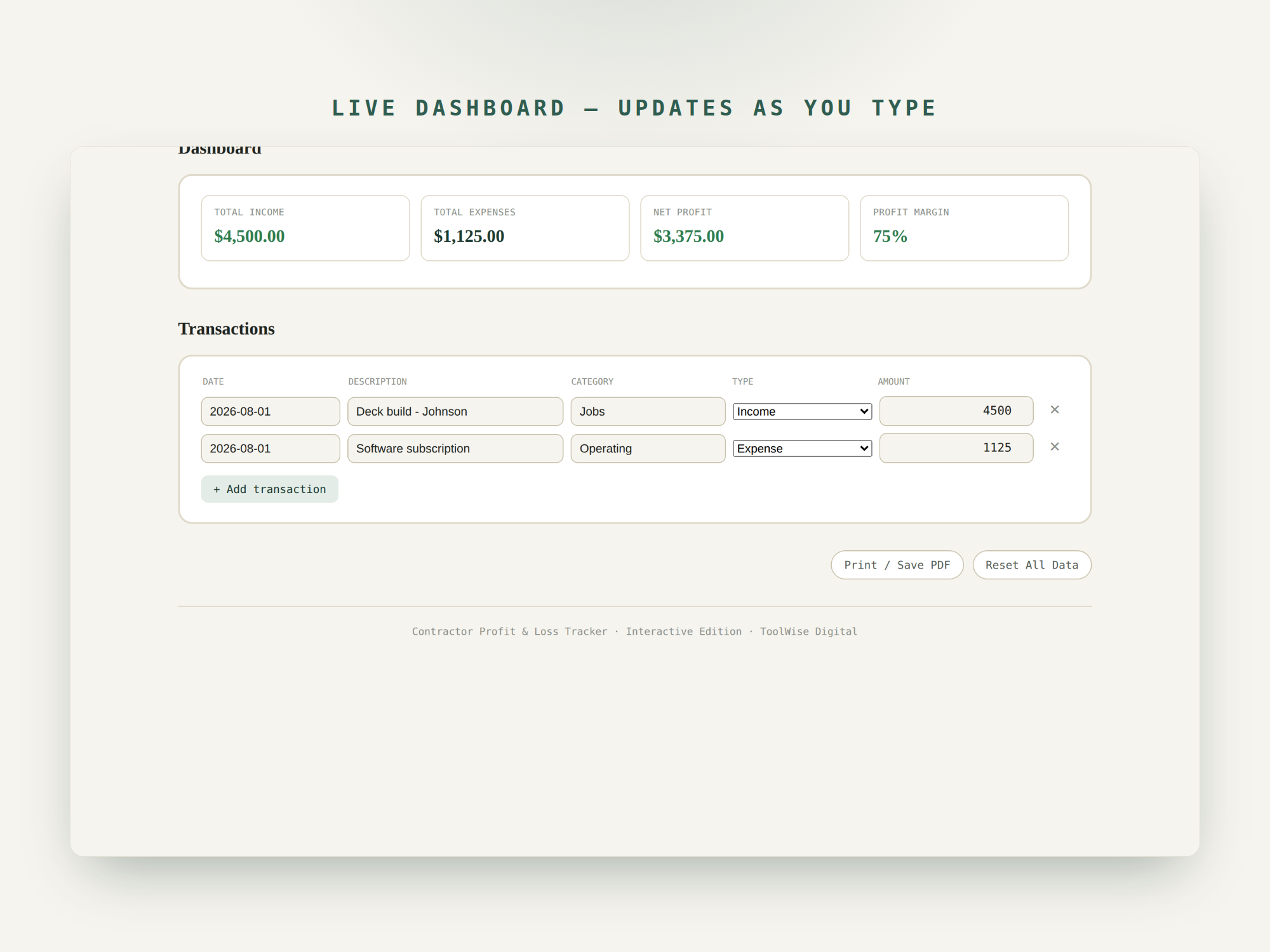 Contractor Profit & Loss Tracker — Google Sheets & Excel spreadsheet by ToolWise Digital — view 7