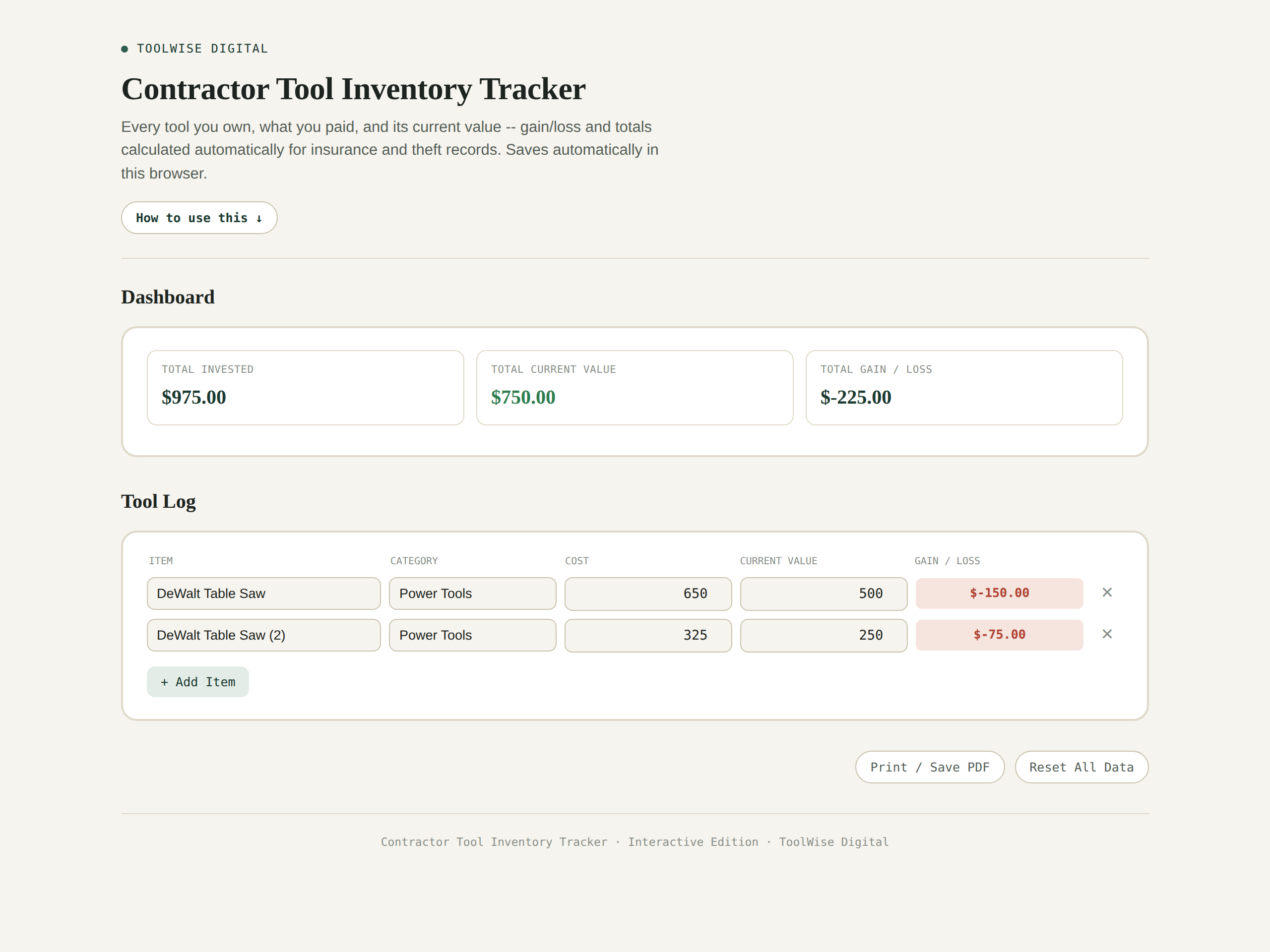 Contractor Tool Inventory Tracker