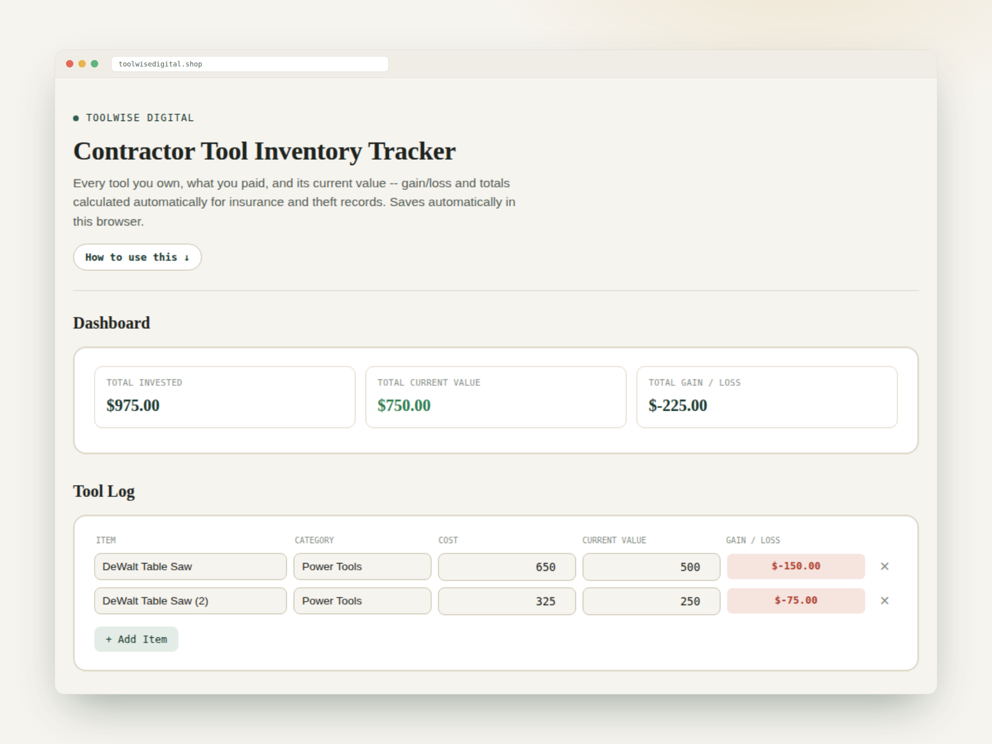 Contractor Tool Inventory Tracker — Google Sheets & Excel spreadsheet by ToolWise Digital — view 2