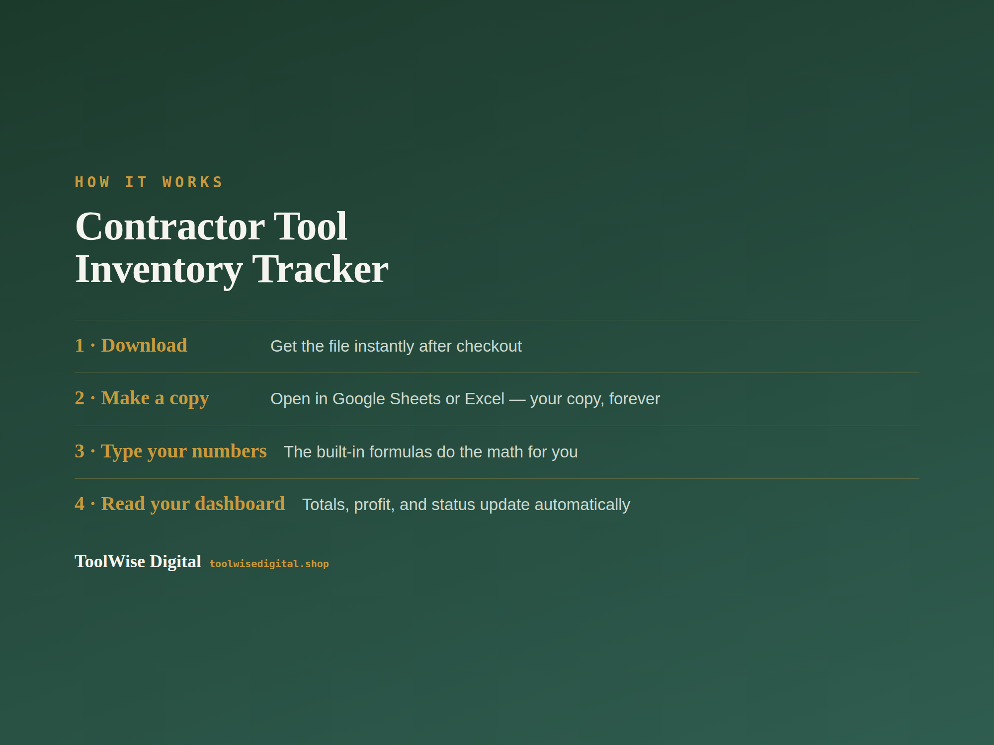 Contractor Tool Inventory Tracker — Google Sheets & Excel spreadsheet by ToolWise Digital — view 5