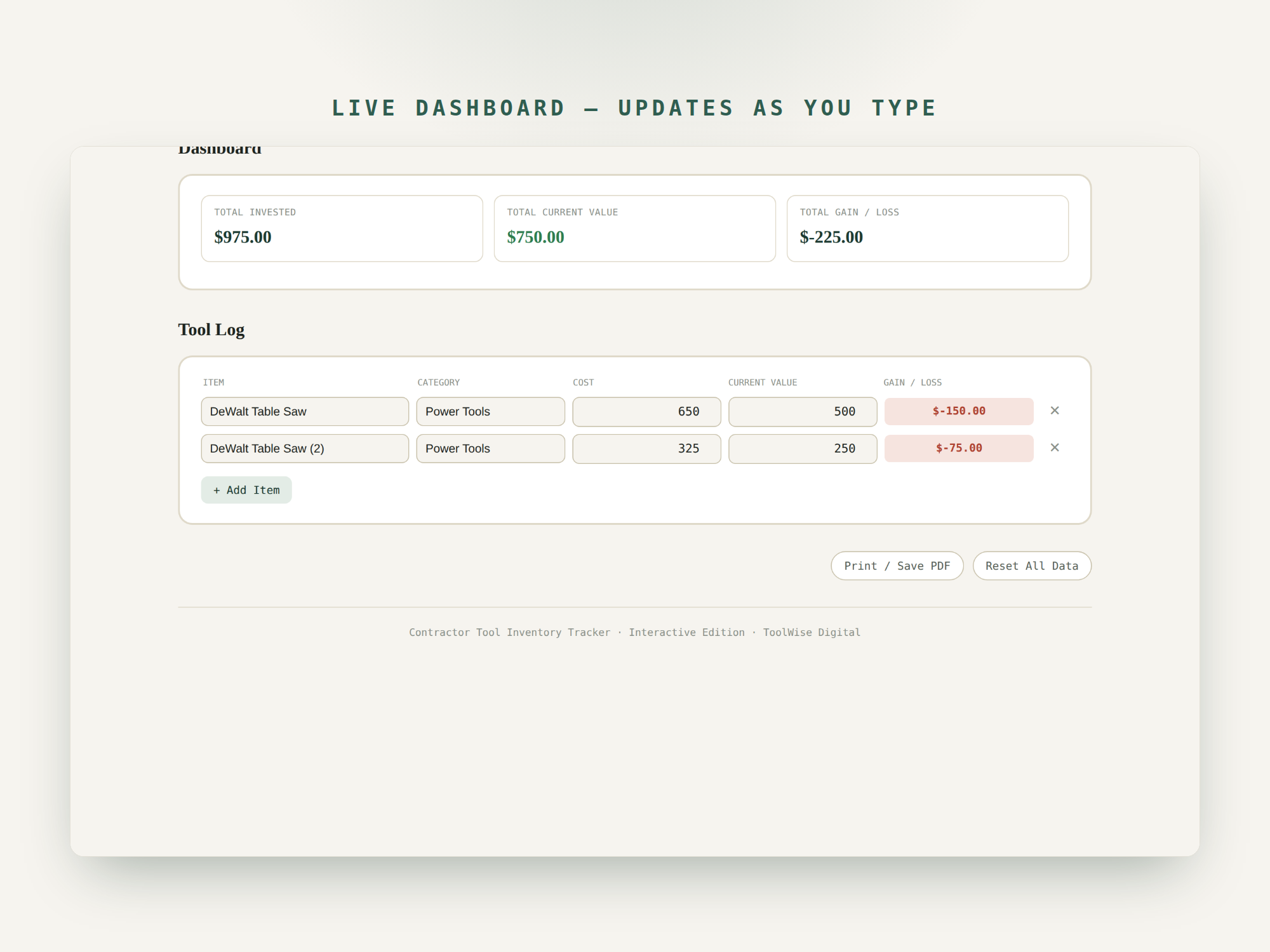 Contractor Tool Inventory Tracker — Google Sheets & Excel spreadsheet by ToolWise Digital — view 7