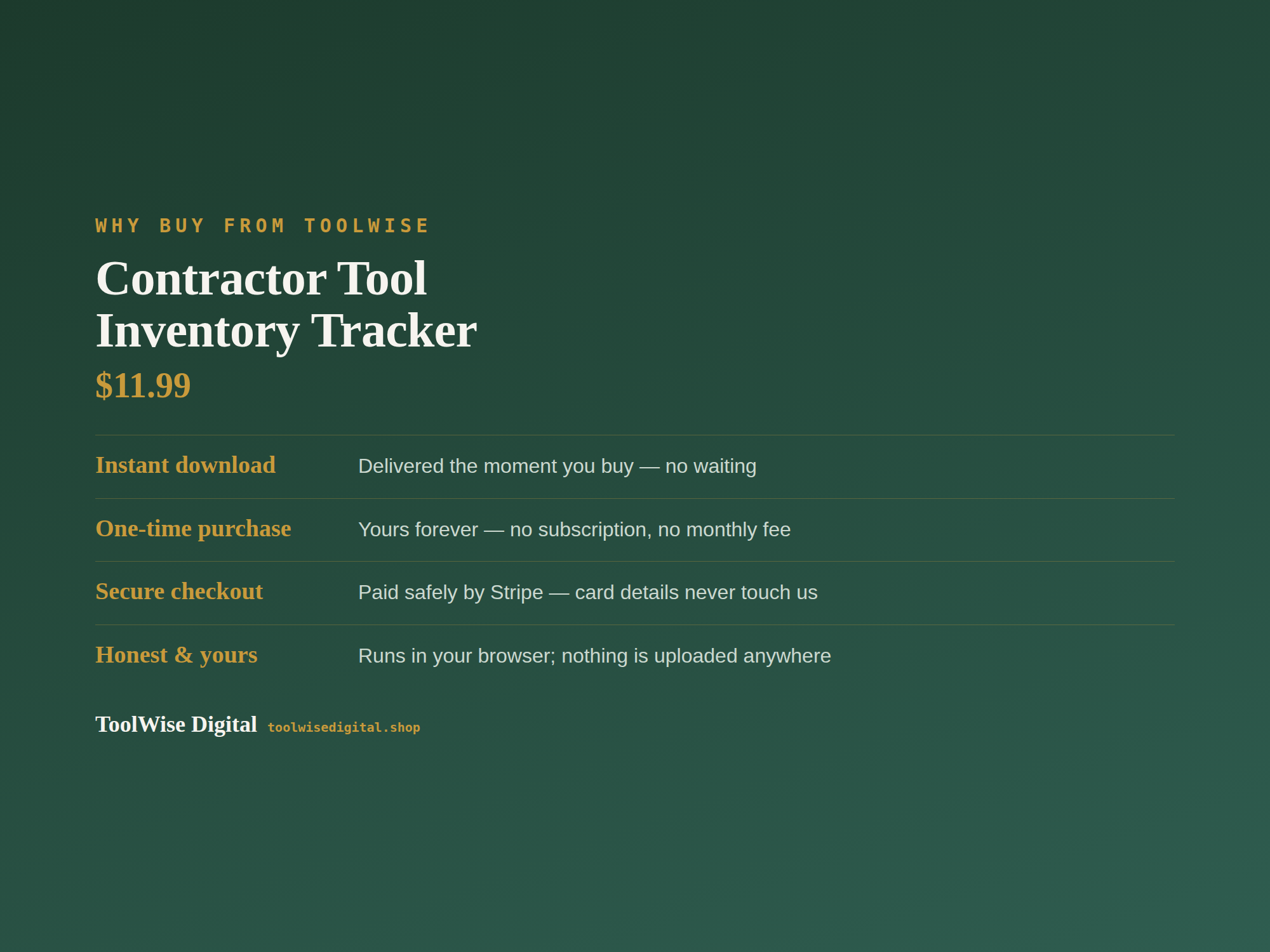 Contractor Tool Inventory Tracker — Google Sheets & Excel spreadsheet by ToolWise Digital — view 8