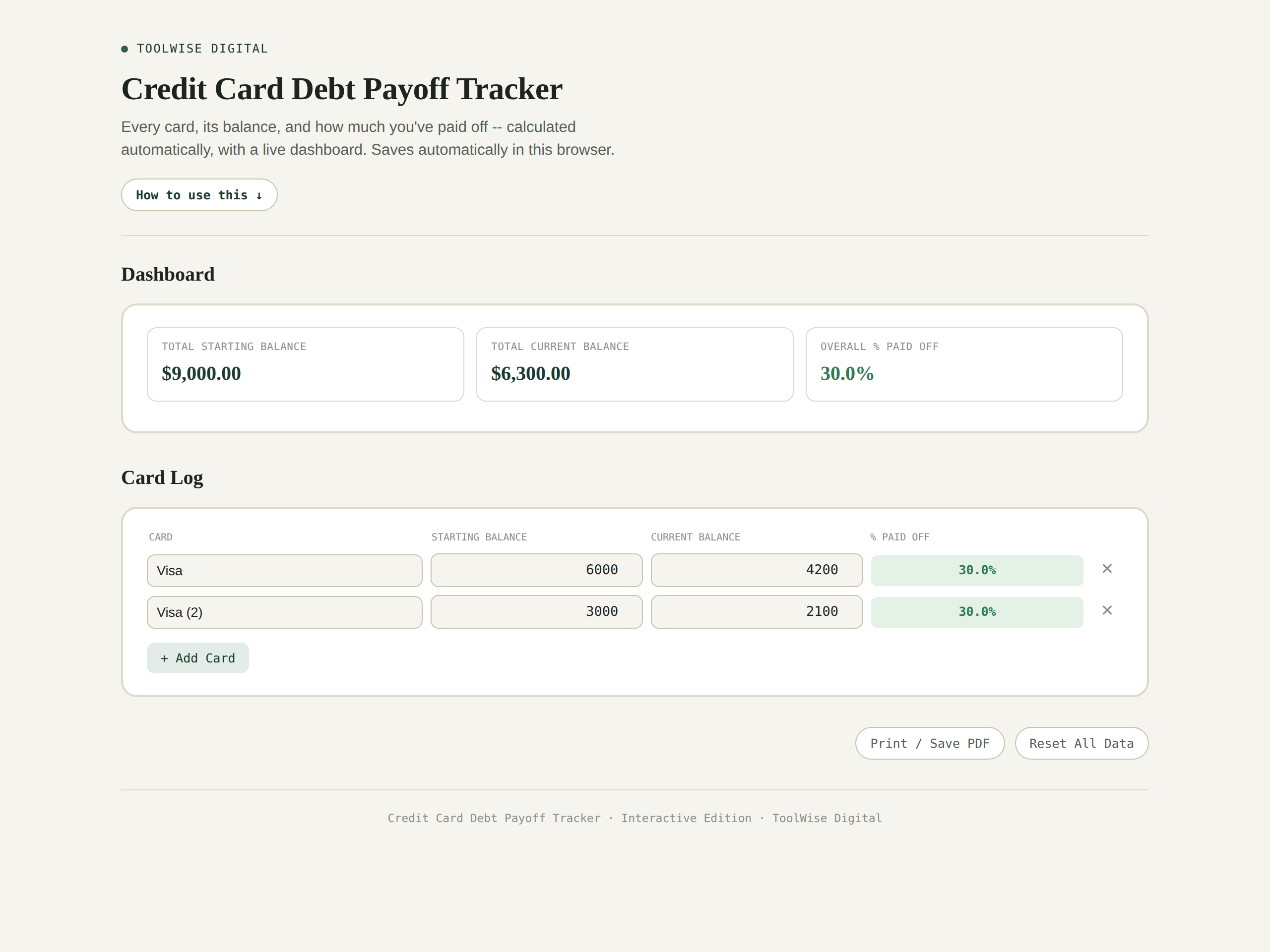 Credit Card Debt Payoff Tracker — Google Sheets & Excel spreadsheet by ToolWise Digital