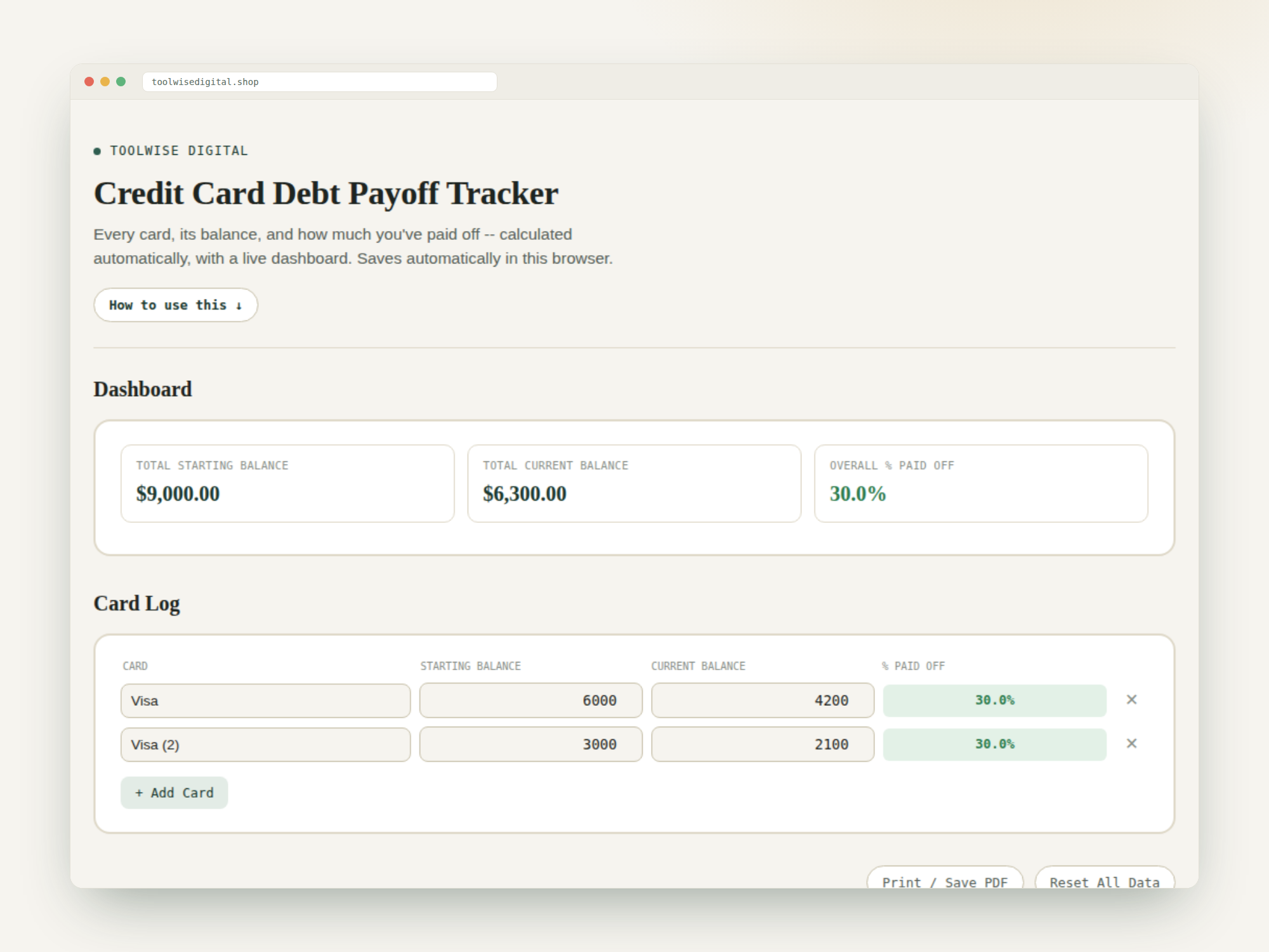 Credit Card Debt Payoff Tracker — Google Sheets & Excel spreadsheet by ToolWise Digital — view 2