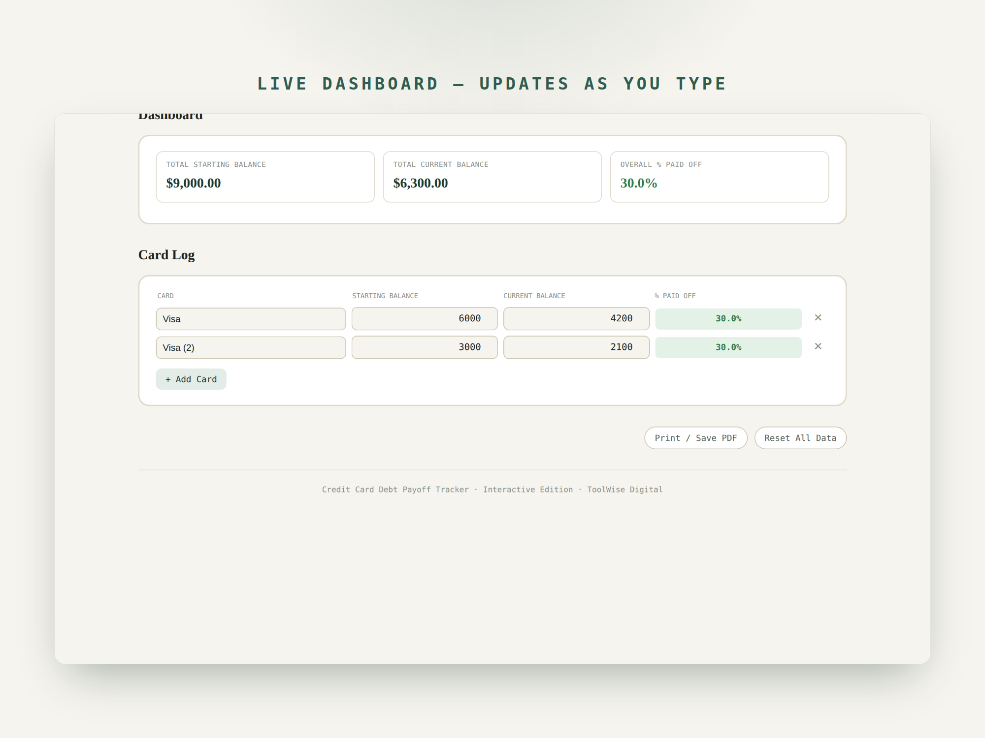 Credit Card Debt Payoff Tracker — Google Sheets & Excel spreadsheet by ToolWise Digital — view 7