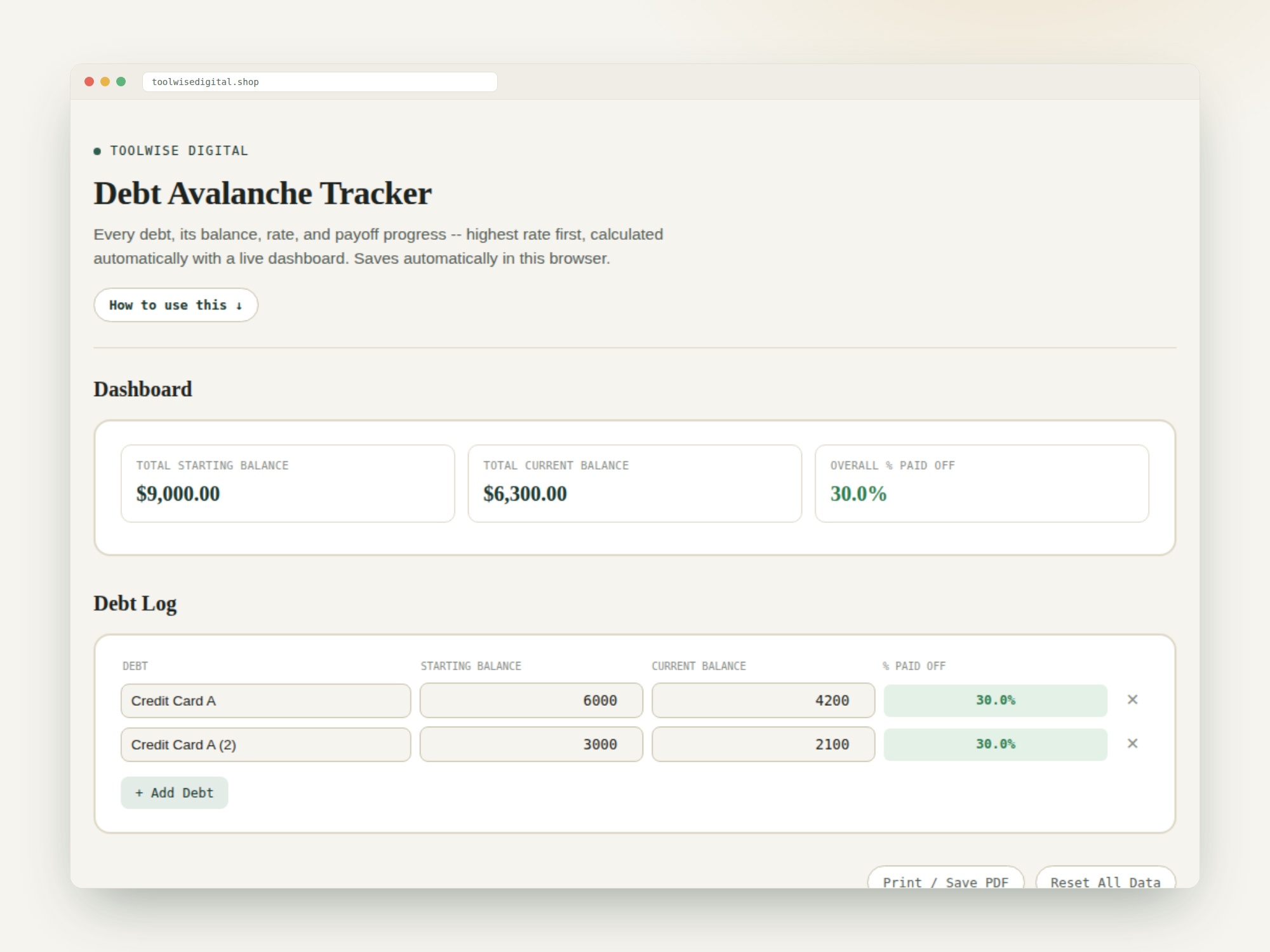 Debt Avalanche Tracker — Google Sheets & Excel spreadsheet by ToolWise Digital — view 2