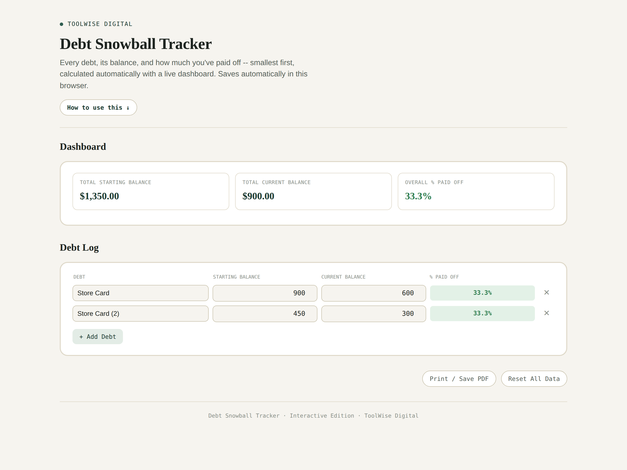Debt Snowball Tracker — Google Sheets & Excel spreadsheet by ToolWise Digital