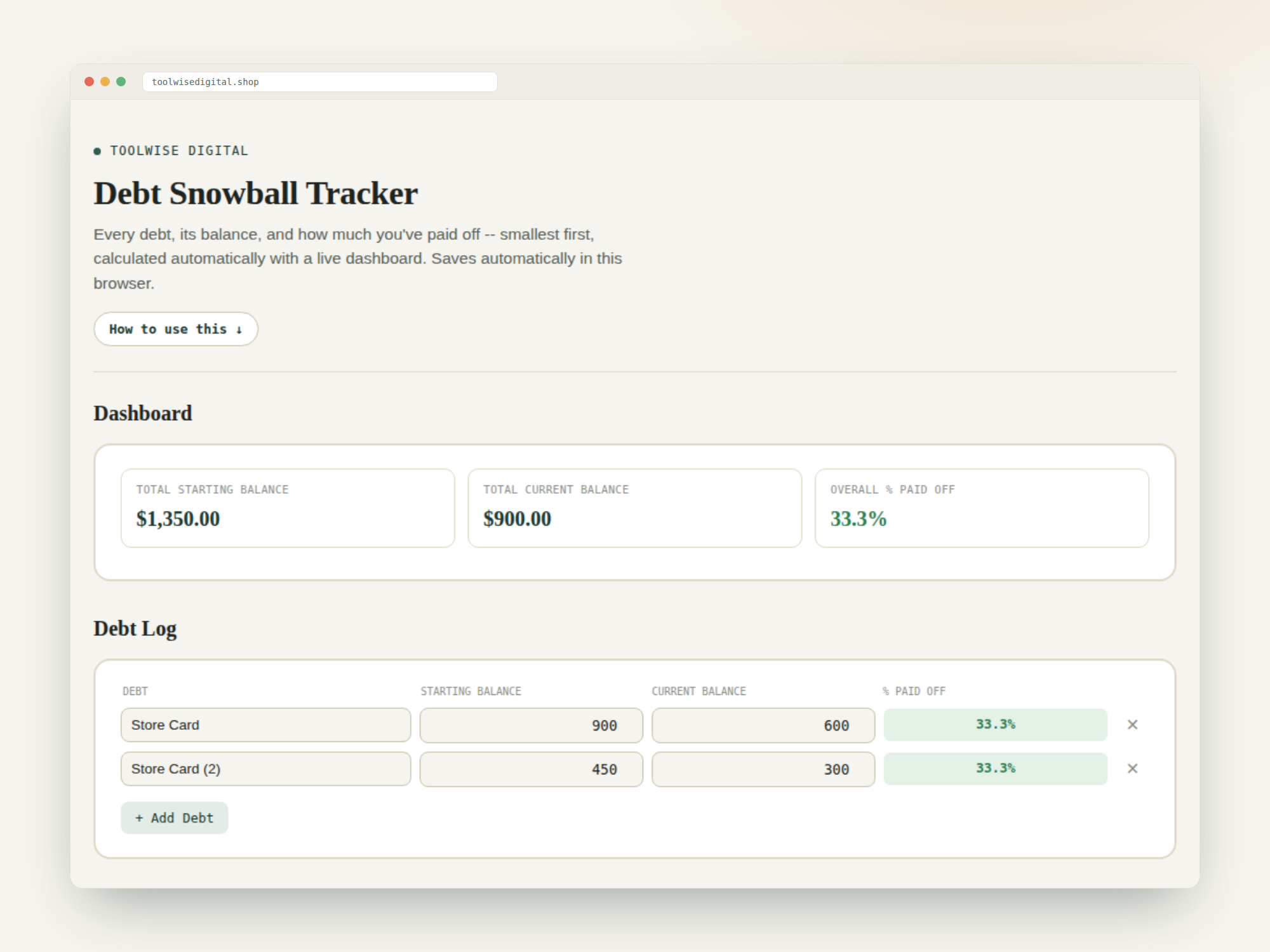 Debt Snowball Tracker — Google Sheets & Excel spreadsheet by ToolWise Digital — view 2