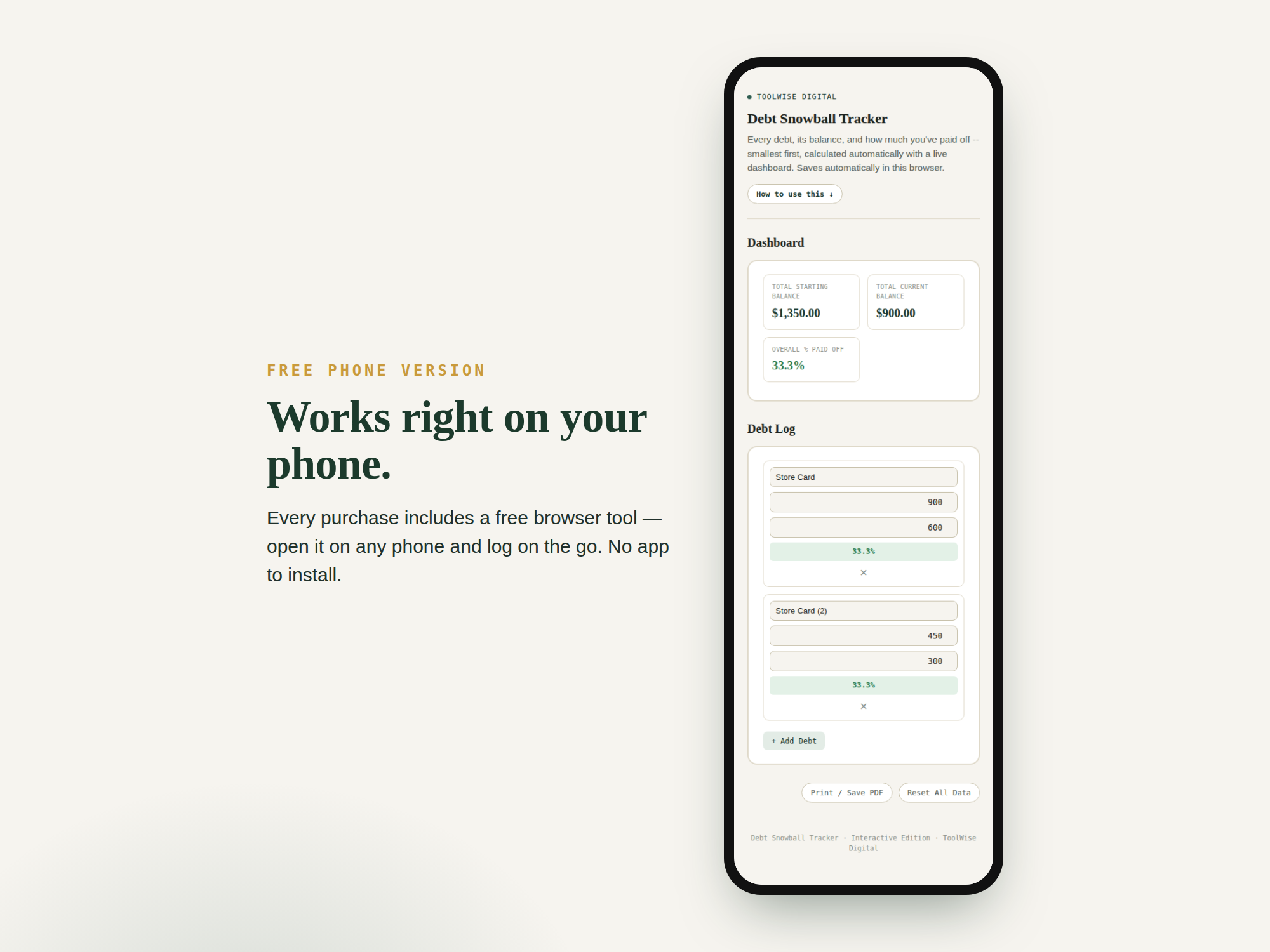 Debt Snowball Tracker — Google Sheets & Excel spreadsheet by ToolWise Digital — view 3