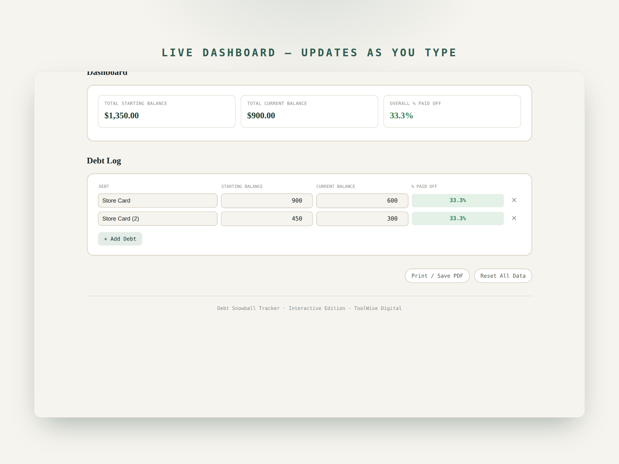 Debt Snowball Tracker — Google Sheets & Excel spreadsheet by ToolWise Digital — view 7