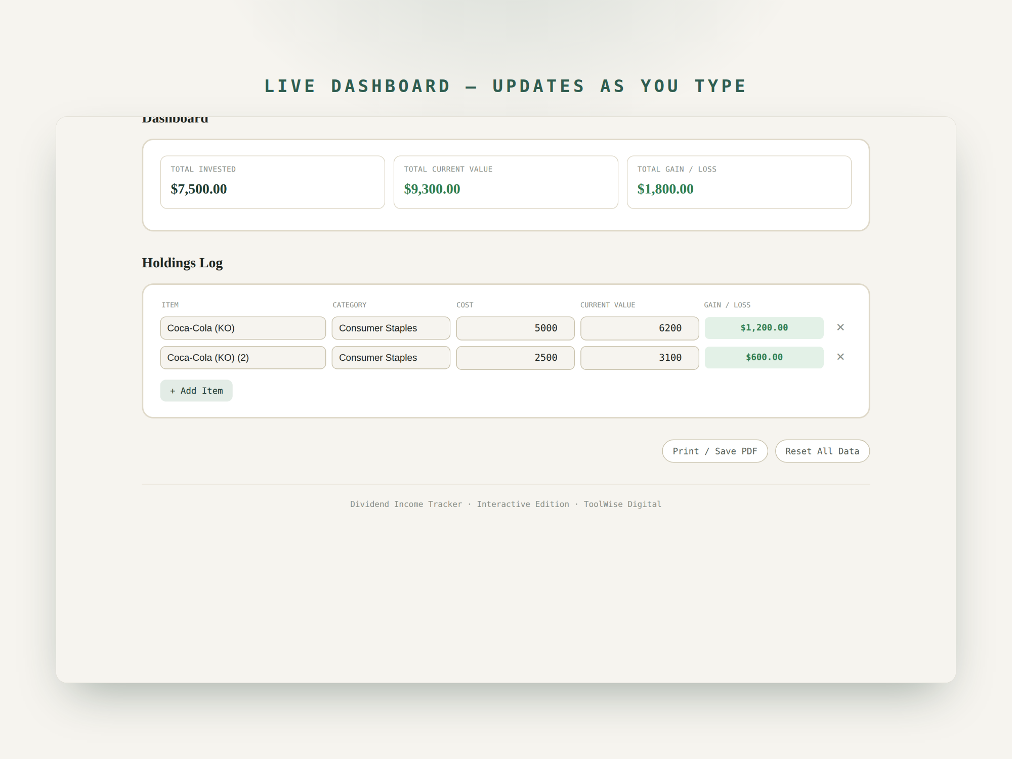 Dividend Income Tracker — Google Sheets & Excel spreadsheet by ToolWise Digital — view 7