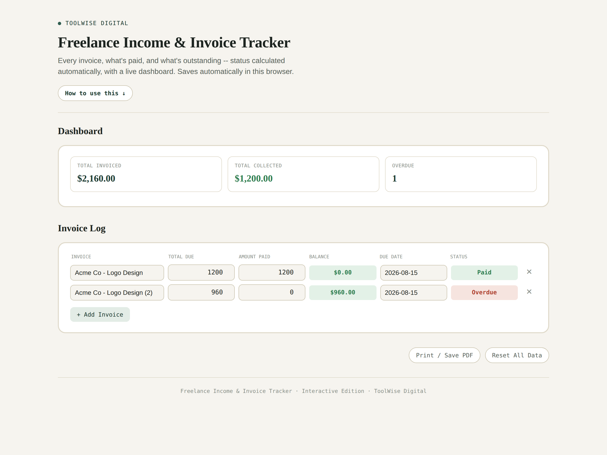 Freelance Income & Invoice Tracker — Google Sheets & Excel spreadsheet by ToolWise Digital