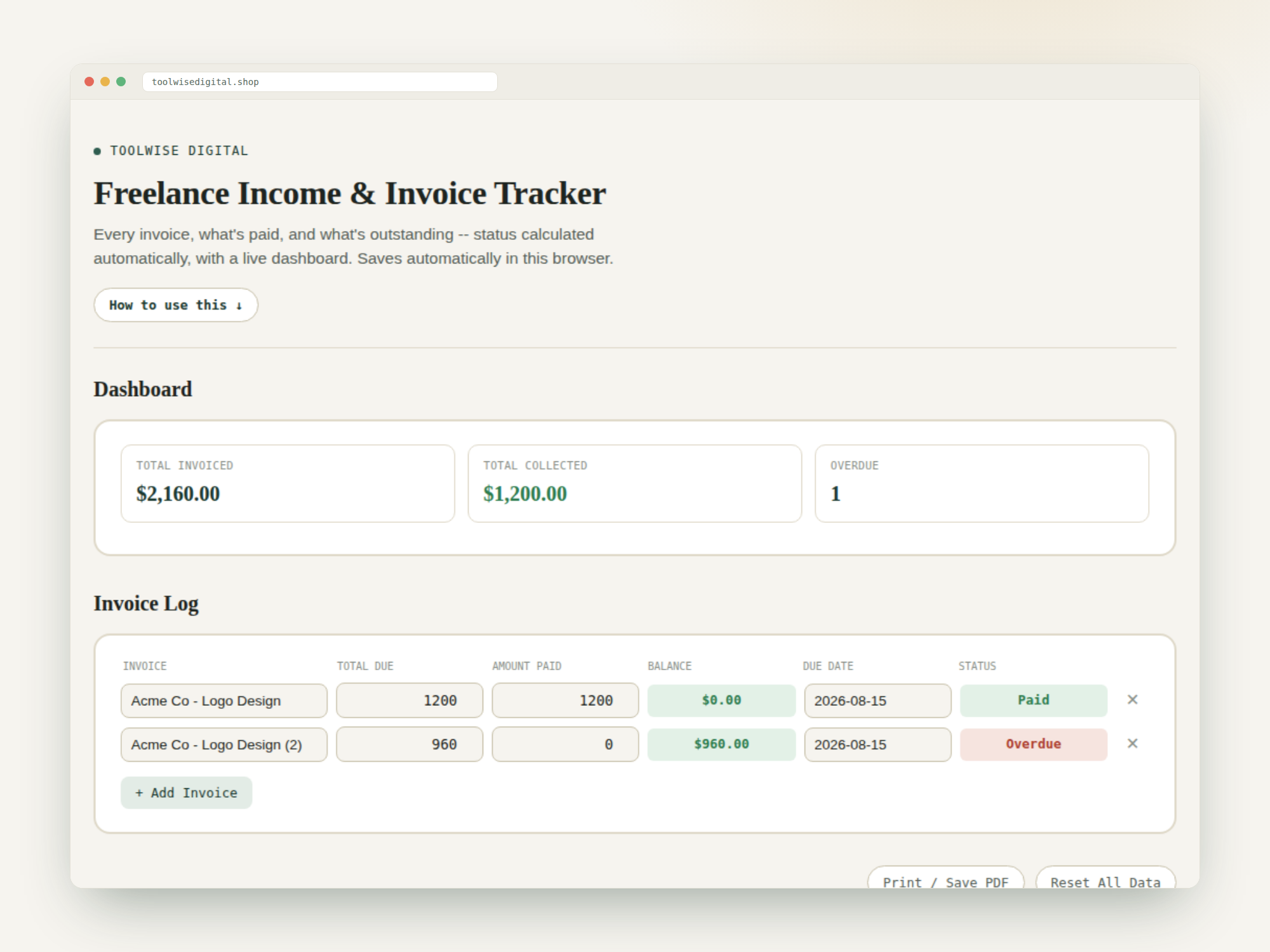 Freelance Income & Invoice Tracker — Google Sheets & Excel spreadsheet by ToolWise Digital — view 2