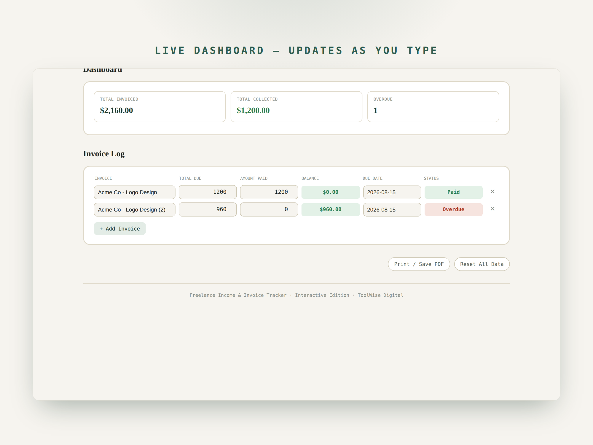 Freelance Income & Invoice Tracker — Google Sheets & Excel spreadsheet by ToolWise Digital — view 7