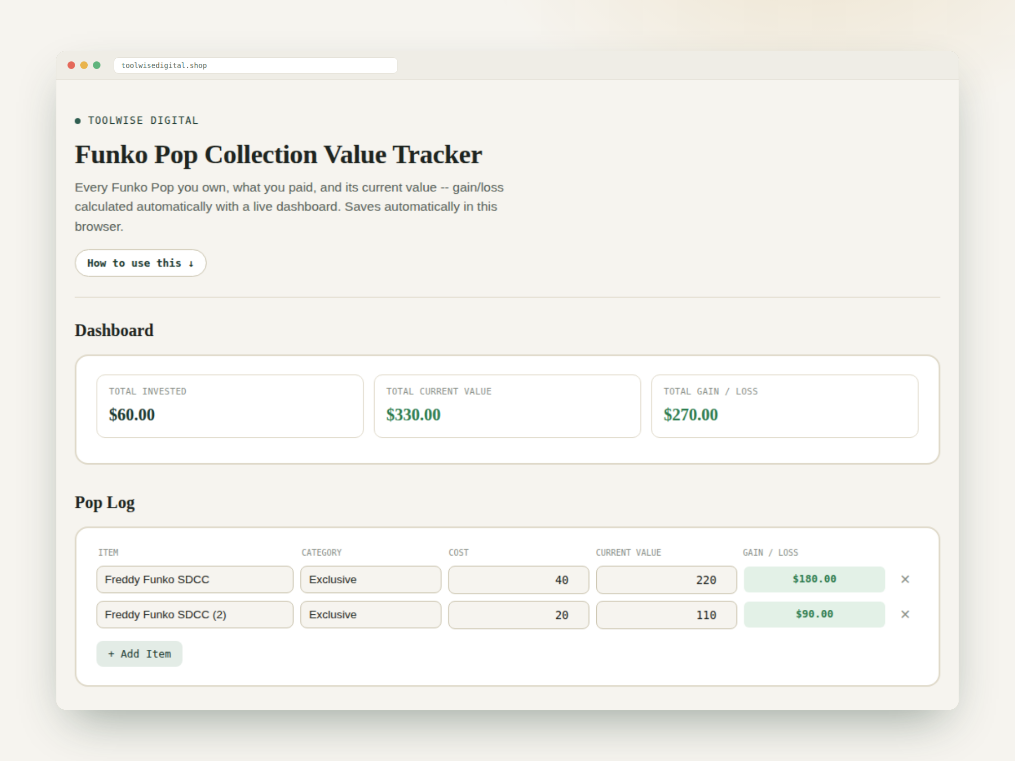 Funko Pop Collection Value Tracker — Google Sheets & Excel spreadsheet by ToolWise Digital — view 2