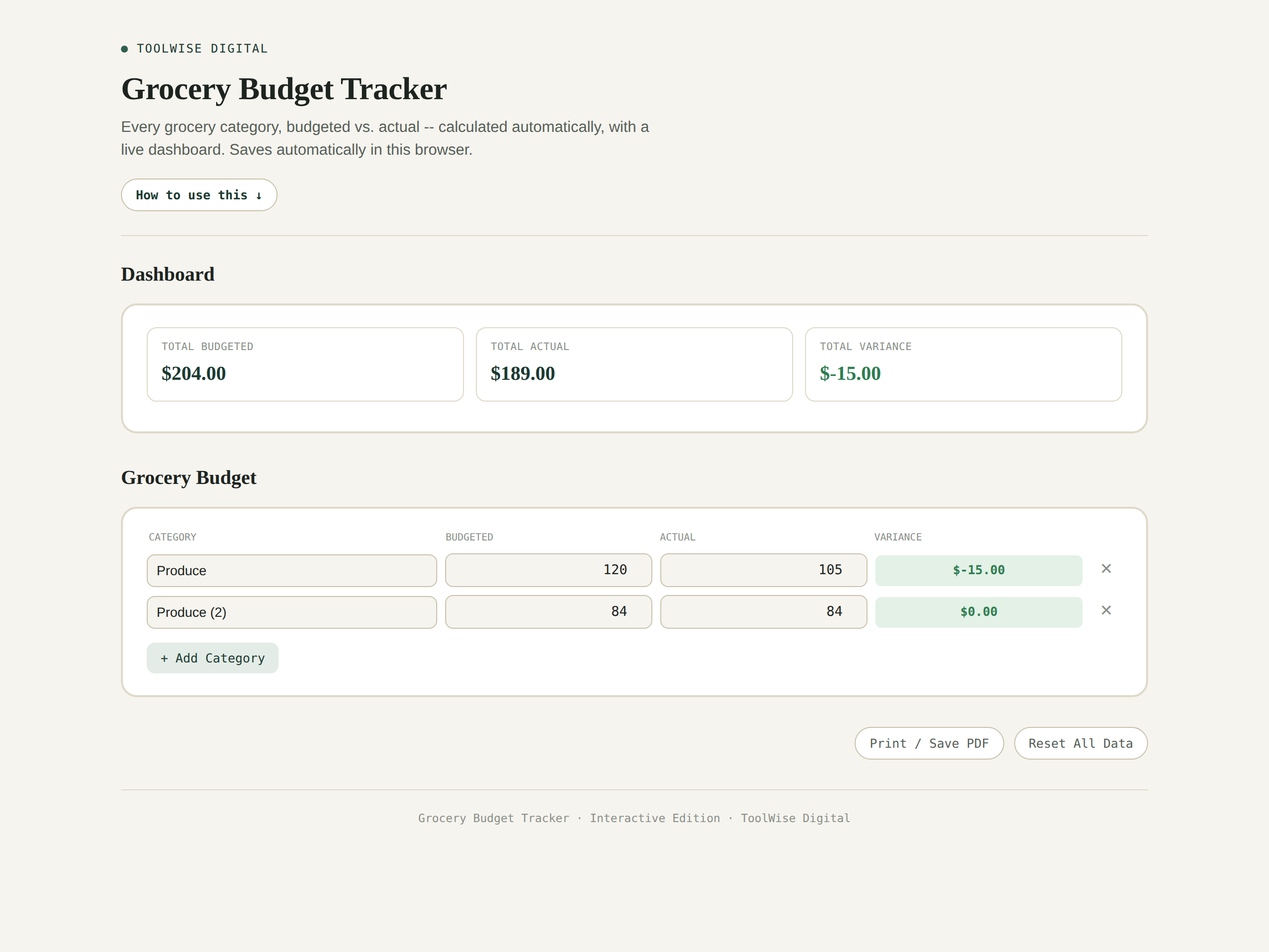 Grocery Budget Tracker — Google Sheets & Excel spreadsheet by ToolWise Digital