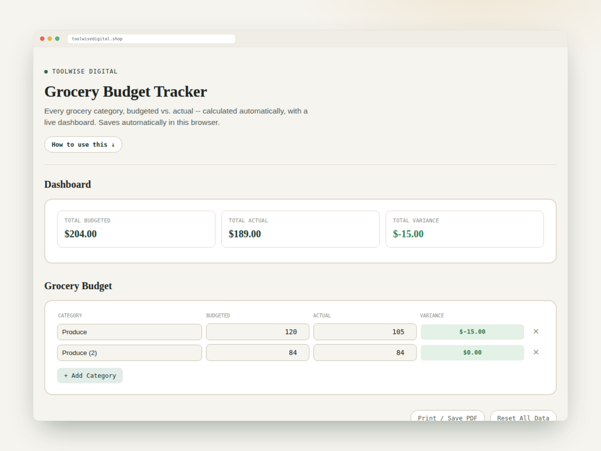 Grocery Budget Tracker — Google Sheets & Excel spreadsheet by ToolWise Digital — view 2